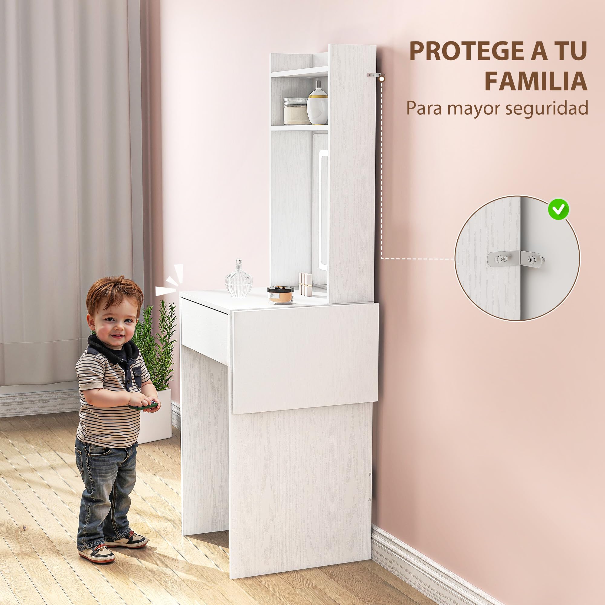 HOMCOM Tocador de Maquillaje con Luces LED de Color Ajustable en 3 Tonos y Espejo Tocador Pequeño Moderno con Lateral Abatible Cajón Compartimentos Abiertos para Espacios Pequeños Blanco