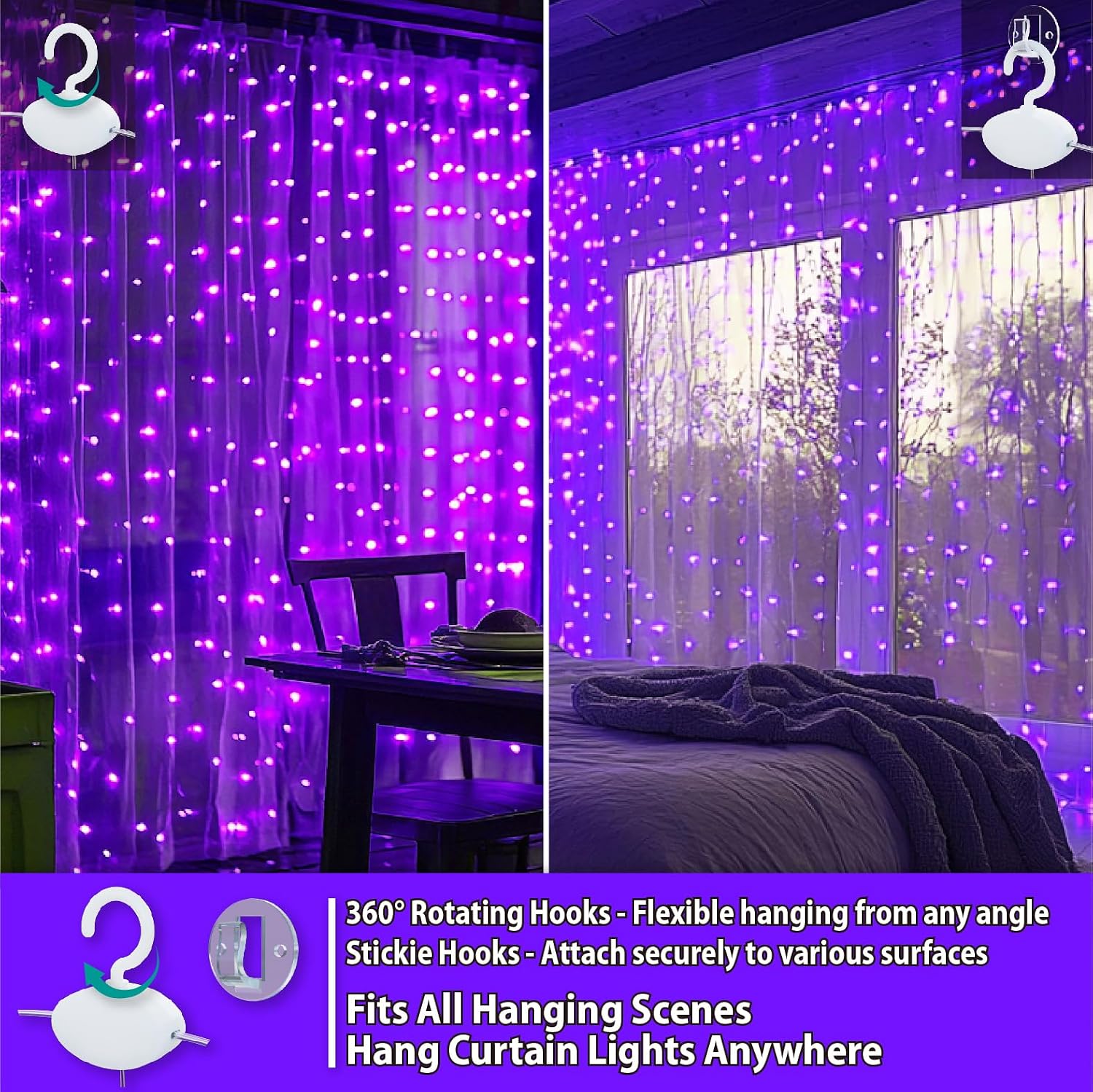 Close-up of 360 degree rotatable hooks and adhesive hooks for curtain lights.