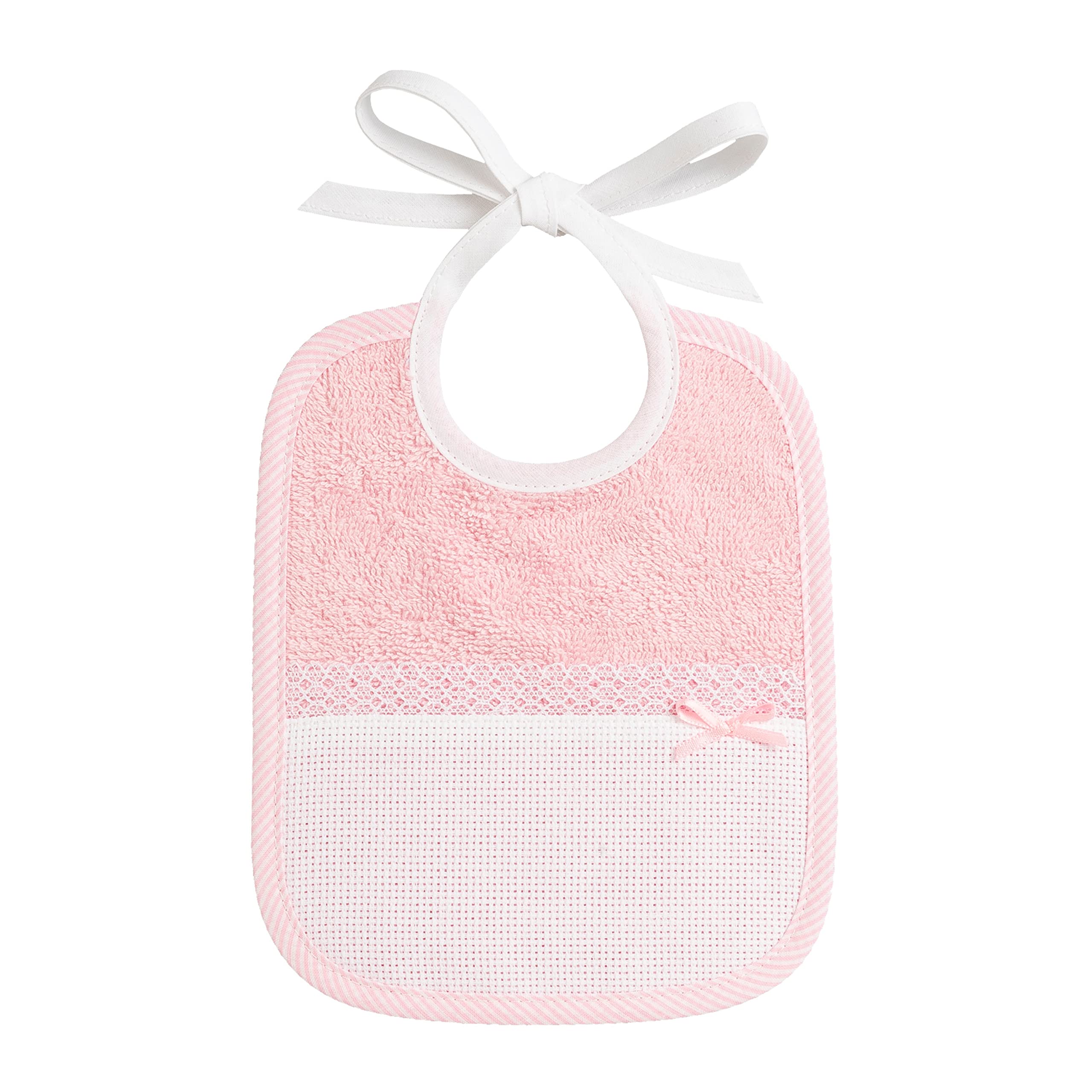 FILET - Coloured Terry Cloth Bib, Entirely Handmade with an Aida Pocket for Embroidery, Ideal for Newborns and Infants, 100% Made in Italy, White and Pink, Measures 18x21 cm