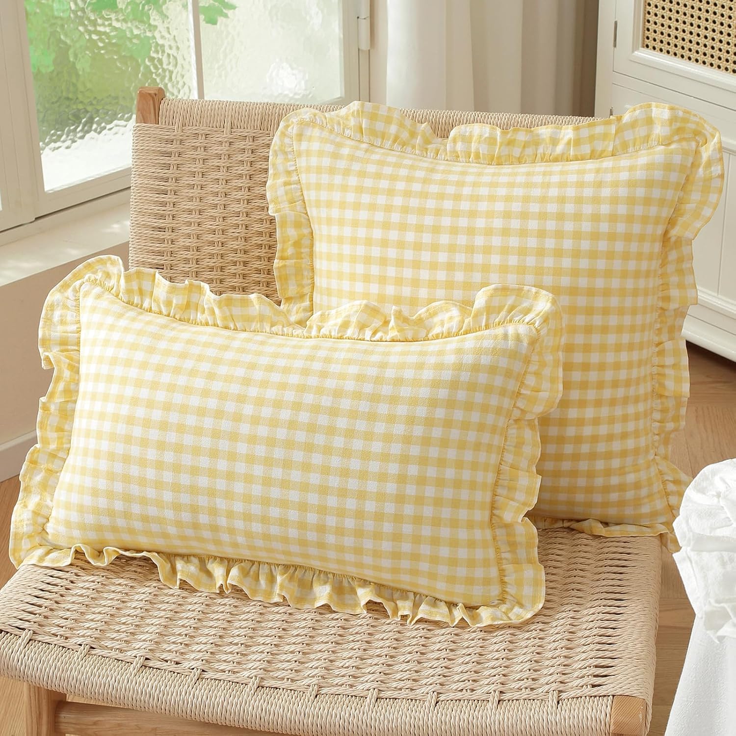 vctops Pack of 2, Yellow Gingham Throw Pillow Covers 12x20 Inch Farmhouse Boho Cotton Ruffled Plaid Pillow Covers Home Decor for Sofa Living Room Couch Bed (Yellow A,12"x20")