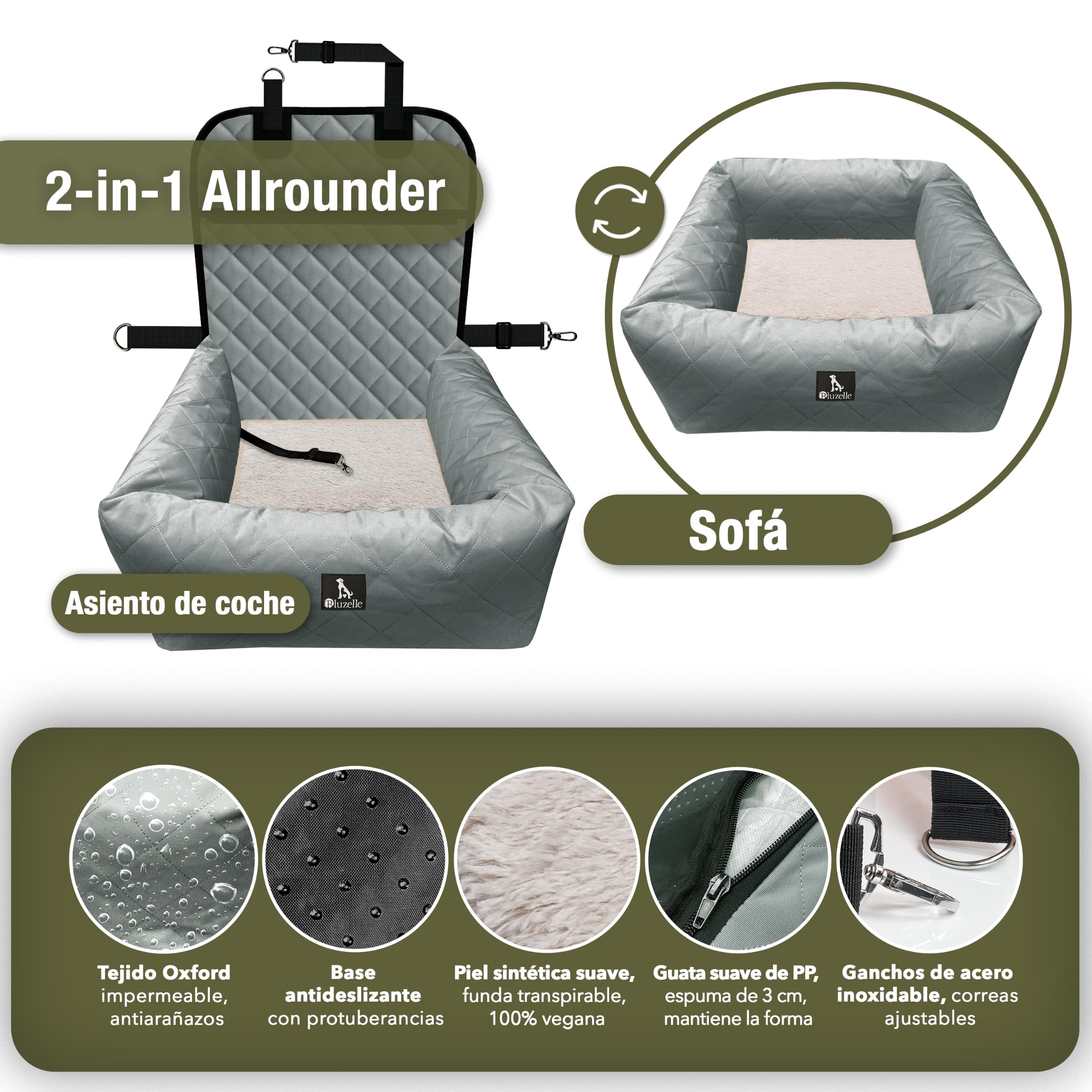Asiento Coche para Perros, 2-in-1 Cama Perro para Perros Pequeños & Medianos, Funda Lavable e Cojín Extraíble, Tejido Oxford Impermeable Suelo Antideslizante, Silla Mascotas, Color:Gris