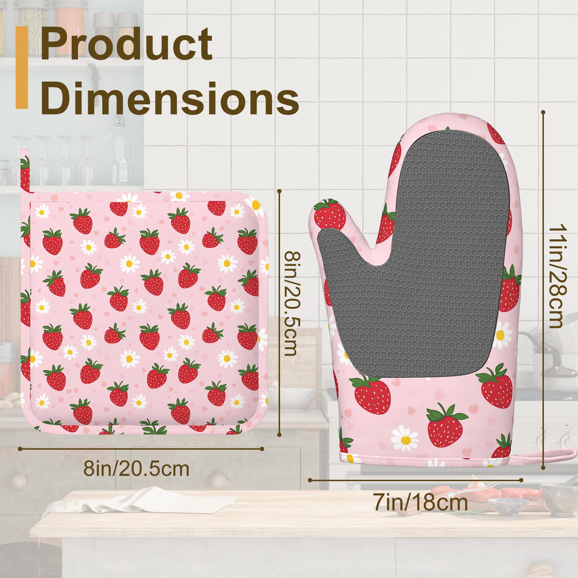 Juego de 4 manoplas de horno y soportes para ollas, diseño floral de fresa, guantes de cocina resistentes al calor con silicona antideslizante para hornear, cocinar, barbacoa