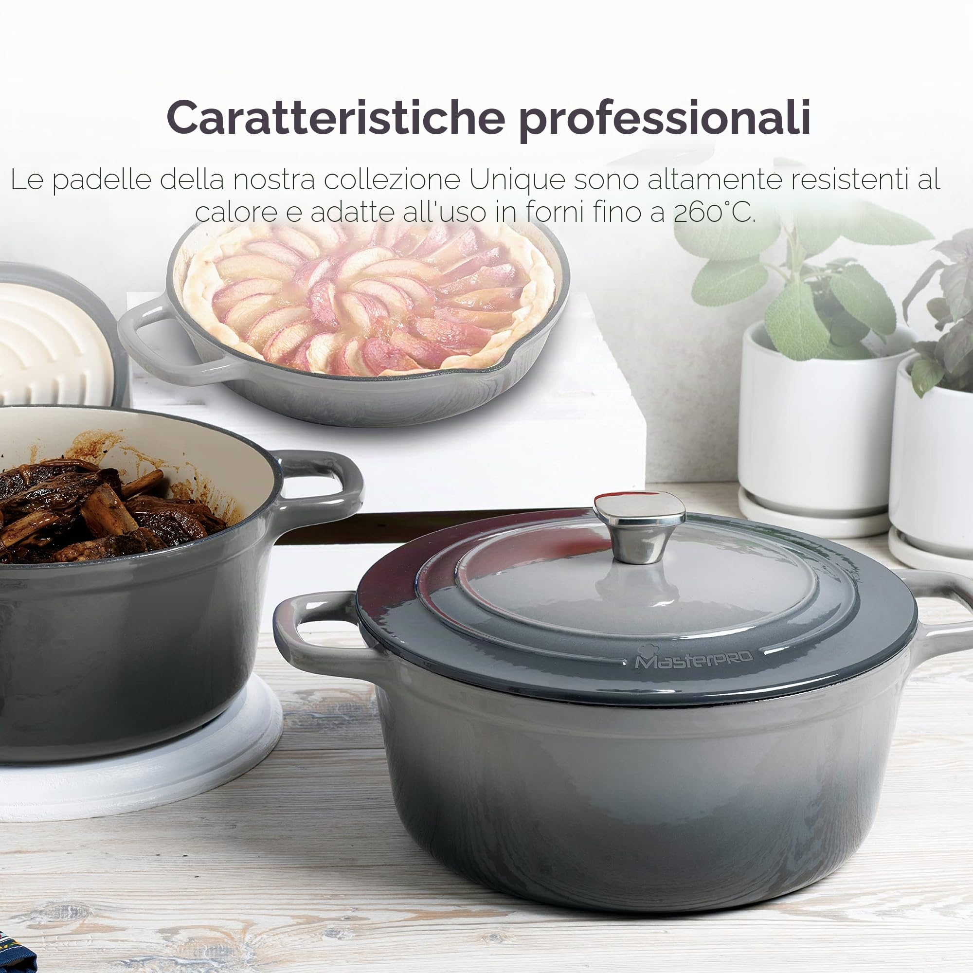 MasterPro Unique | Batteria di Cucina da 7 Pezzi | Set di Cucina con 3 Casseruole di 19, 27 e 30,5 cm con Coperchi e 1 Padella da 24,5 cm | Ghisa | Per Tutti i Piani Cottura