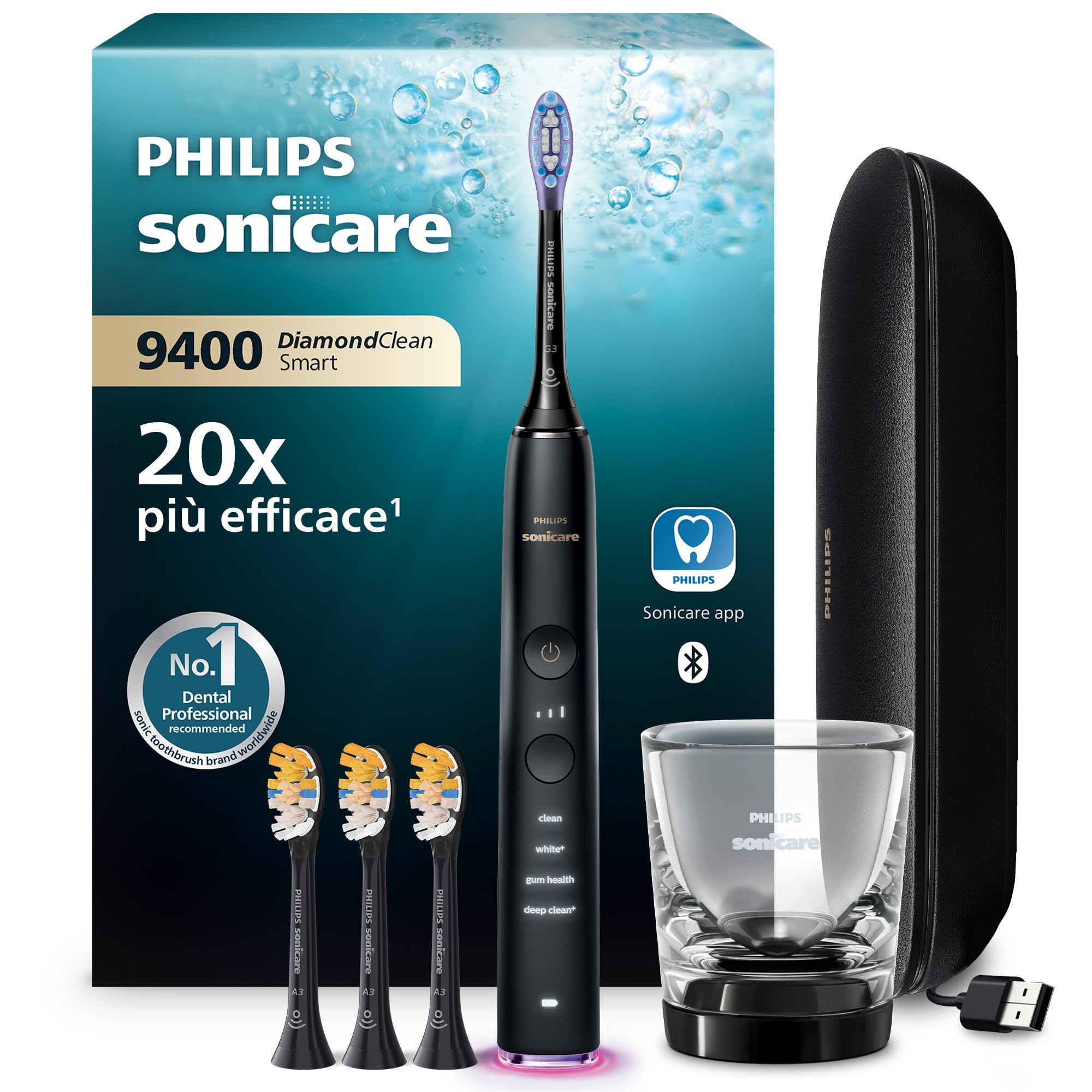 Philips Sonicare DiamondClean Smart 9400 spazzolino elettrico, spazzolino sonico con app, sensore di pressione, 4 modalità di spazzolamento e 3 livelli di intensità, nero, modello HX9918/89