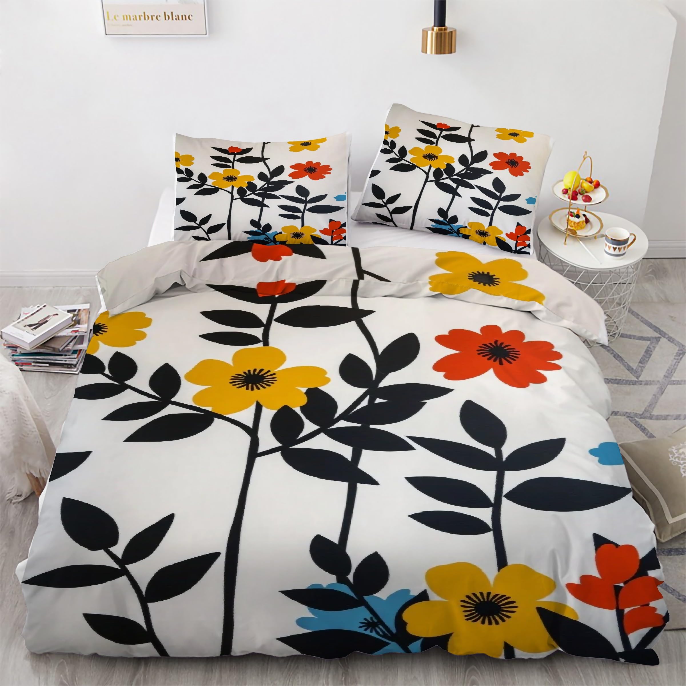 Housse de couette 160x200 fleurs avec 2 taies d'oreiller microfibre