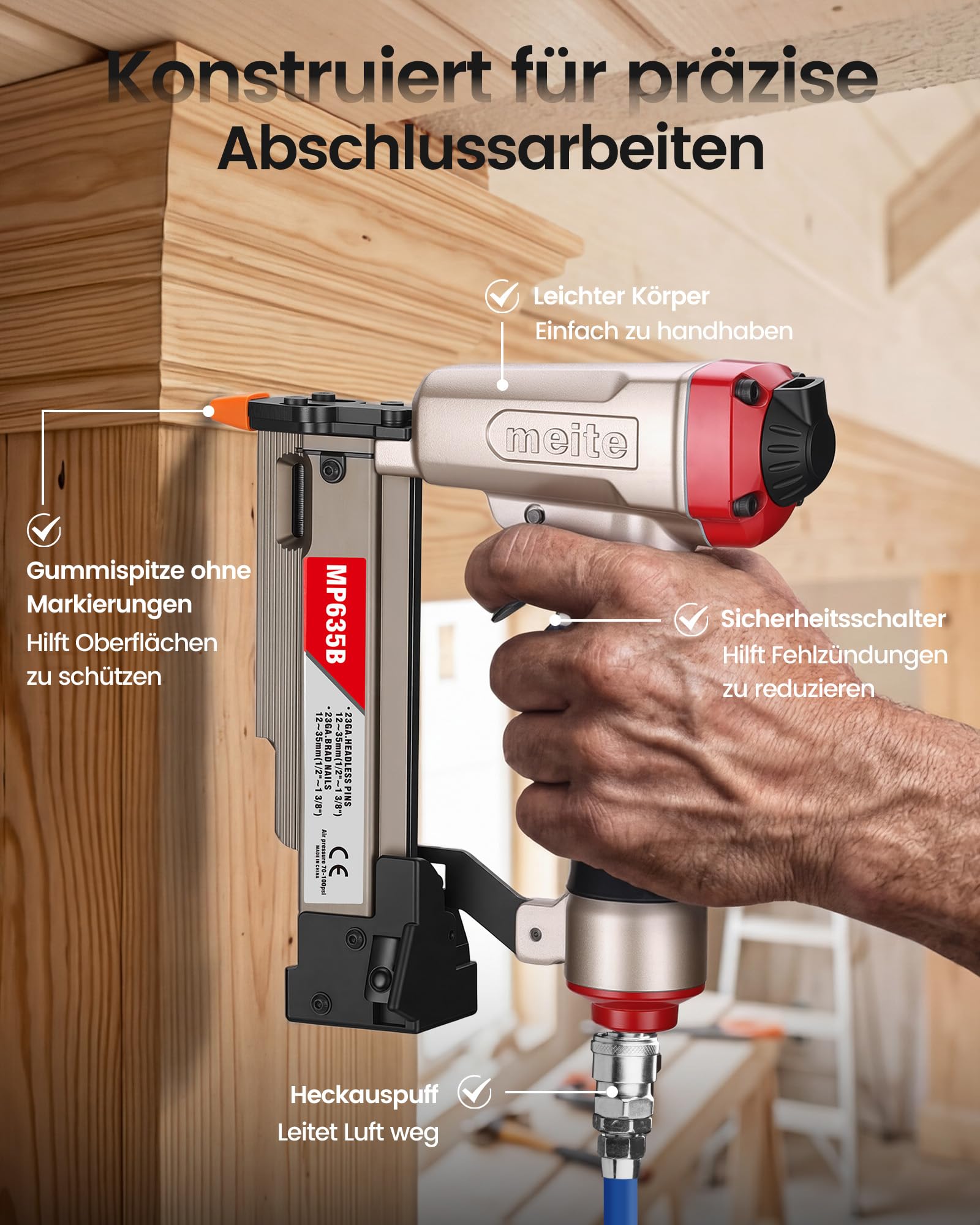 meite MP635B Druckluft Stiftnagler mit 10000 Stück 23 Ga 25 mm Kopflose Stifte, Kompakte für 12–35 mm Länge, Druckluft-Nagelpistole Kompakte für Zierleisten, Bilderrahmen und Feine Holzarbeiten