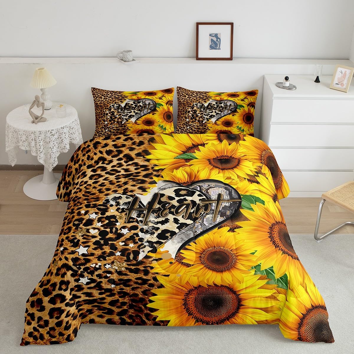 Leopard Print Comforter Set Queen Size for Girls Women Sunflowers Decor Bedding Love Pattern Romantic Theme Bedding Comforter Sets Wild Animal Leopard Print Duvet Insert Rustic Farm Floral Quilt 3 Pcs
