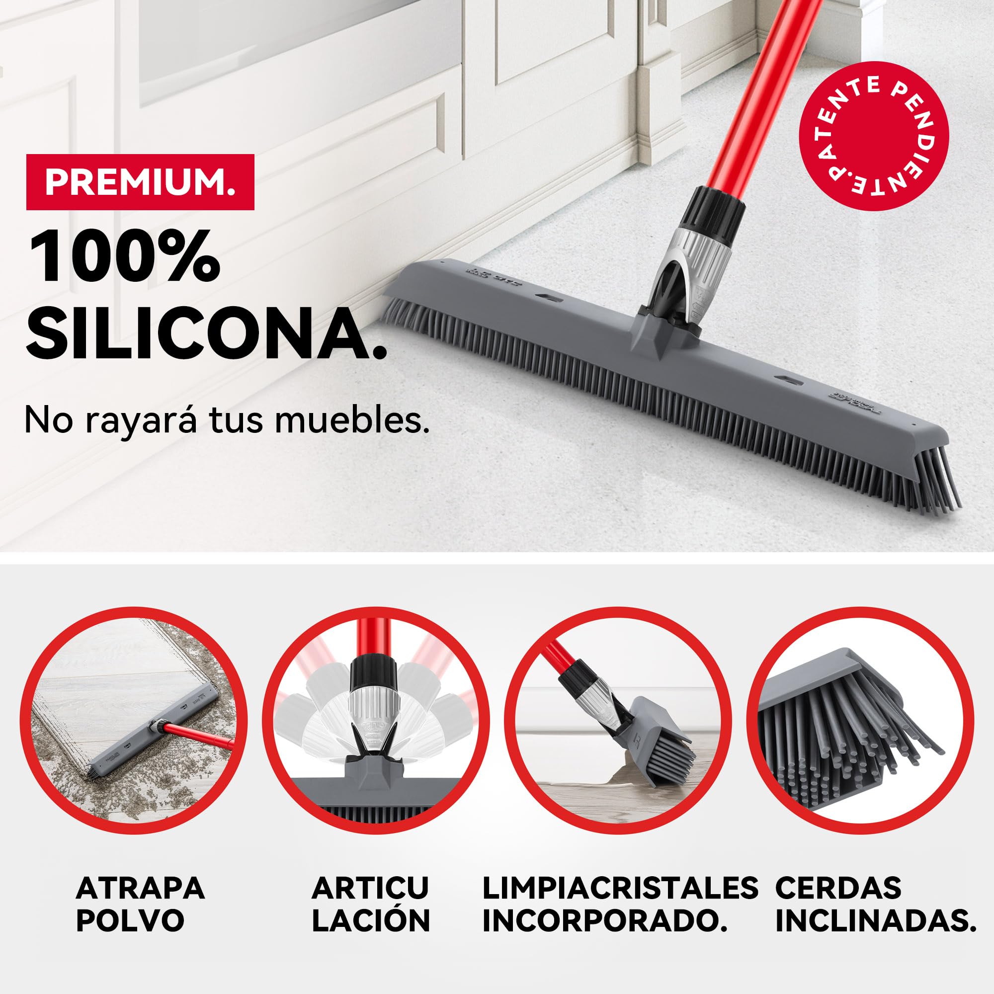 Tyroler Escoba de Goma para Suelo y Haragán 2 en 1 | 41 cm Cabezal de Silicona 100% | 140 cm Mango de Aluminio de 4 Piezas para Escoba de Silicona | Escobas para Barrer | Escobas Silicone Suelo