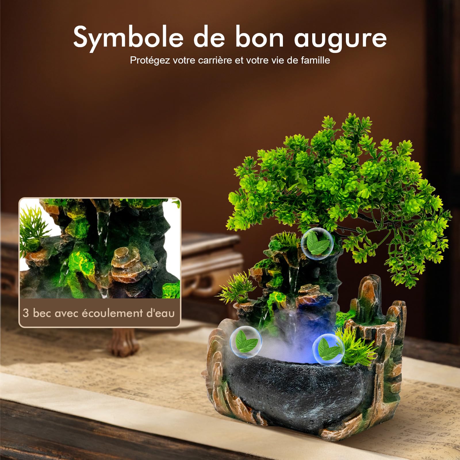 Fontaine De Table LED LumièRes Brillantes Le Brouillard MystéRieux Cascade Fontaine D'IntéRieur Desktop RéSine Bonsai Ornament DéCoration IntéRieure