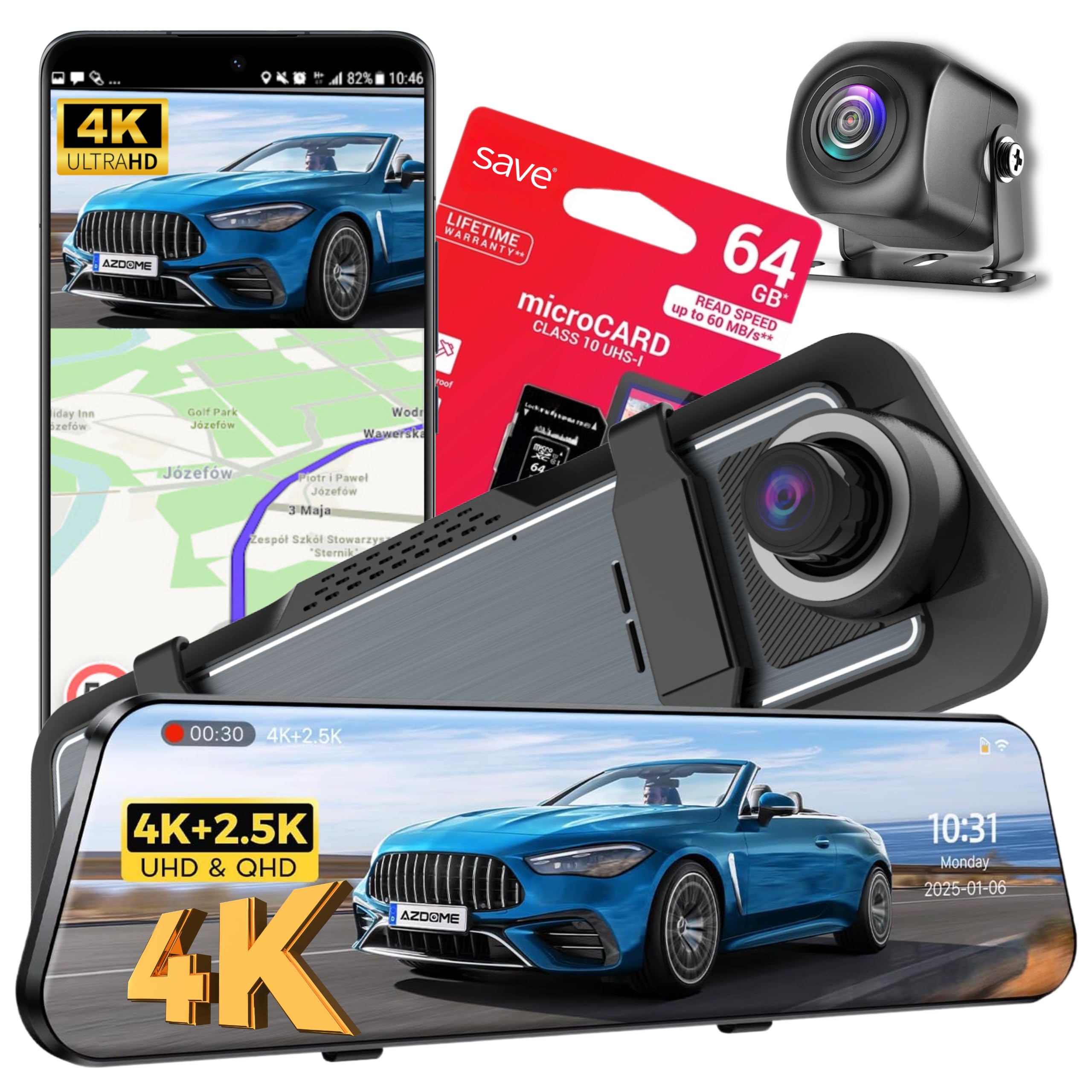KAMERA SAMOCHODOWA WIDEOREJESTRATOR PRZEDNIA KAMERA 4K TYLNA KAMERA 2,5K SONY SENSOR LUSTERKO REJESTRATOR JAZDY ASYSTENT PARKOWANIA CZUJNIK WSTRZĄSÓW
