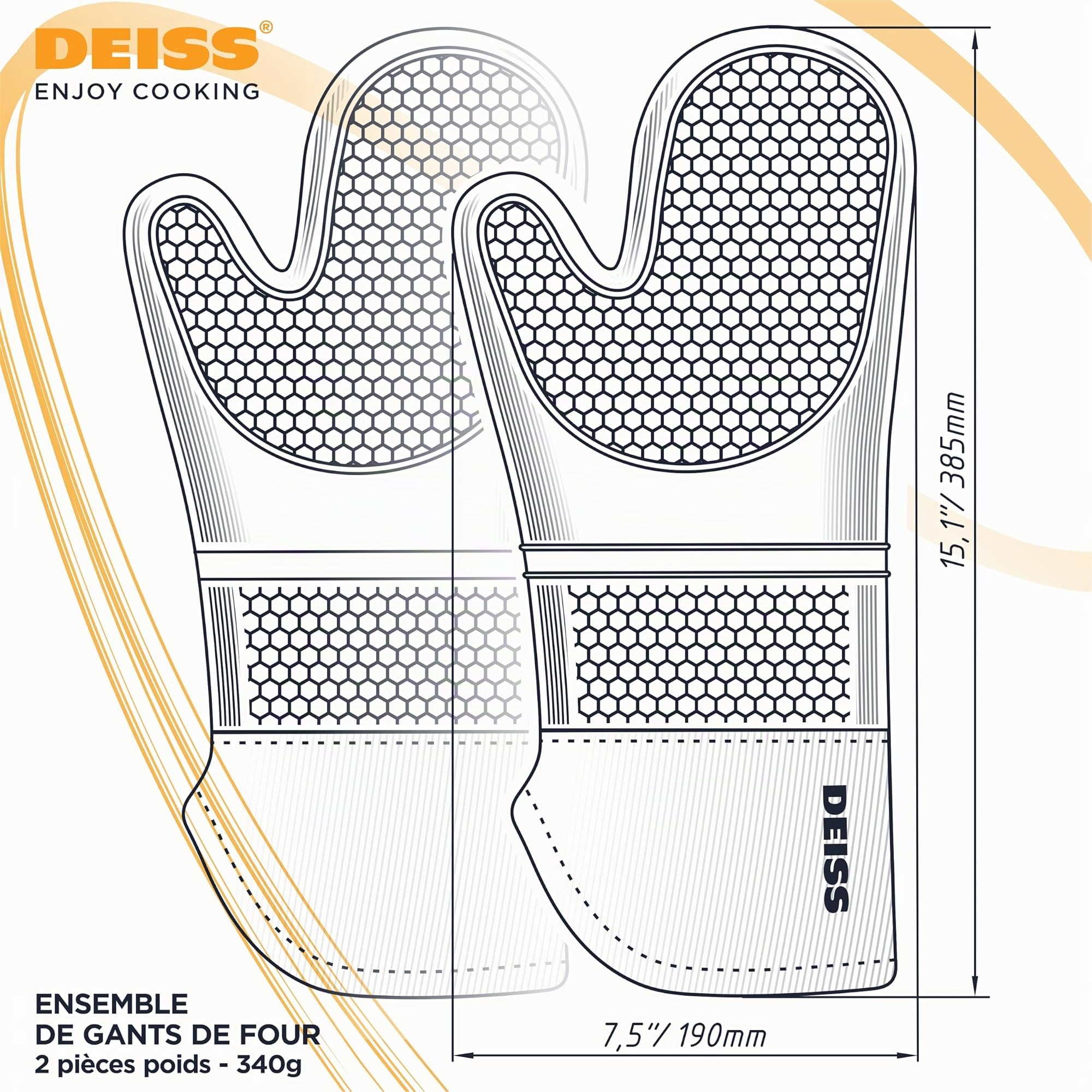 Deiss Pro Ensemble de Gants de Cuisine en Silicone résistant à la Chaleur et aux Taches, Gants de Barbecue en Coton Doux, imperméables, Gants de Cuisine Extra-Longs et Flexibles pour la Cuisson