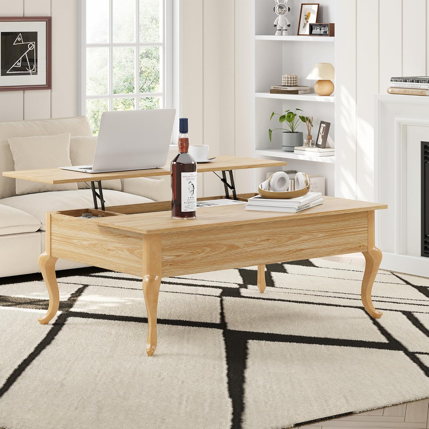 Lift Top Coffee Table, Farmhouse Coffee Table with Hidden Storage, Wood Center Table Dining Table for Living Room, Apartment, Home Office (Natural)