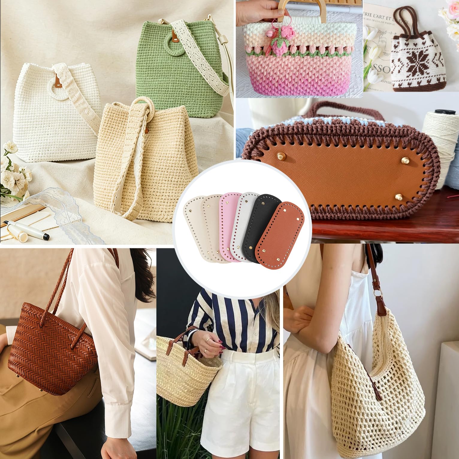 6 Piezas Bases para Bolsos de Crochet, 22 x 10cm Almohadilla Inferior de Bolso, Cojin Inferior Cuero con Agujeros, Bolsas Ganchillo Base, para Accesorios Hechos a Mano del Bolso DIY