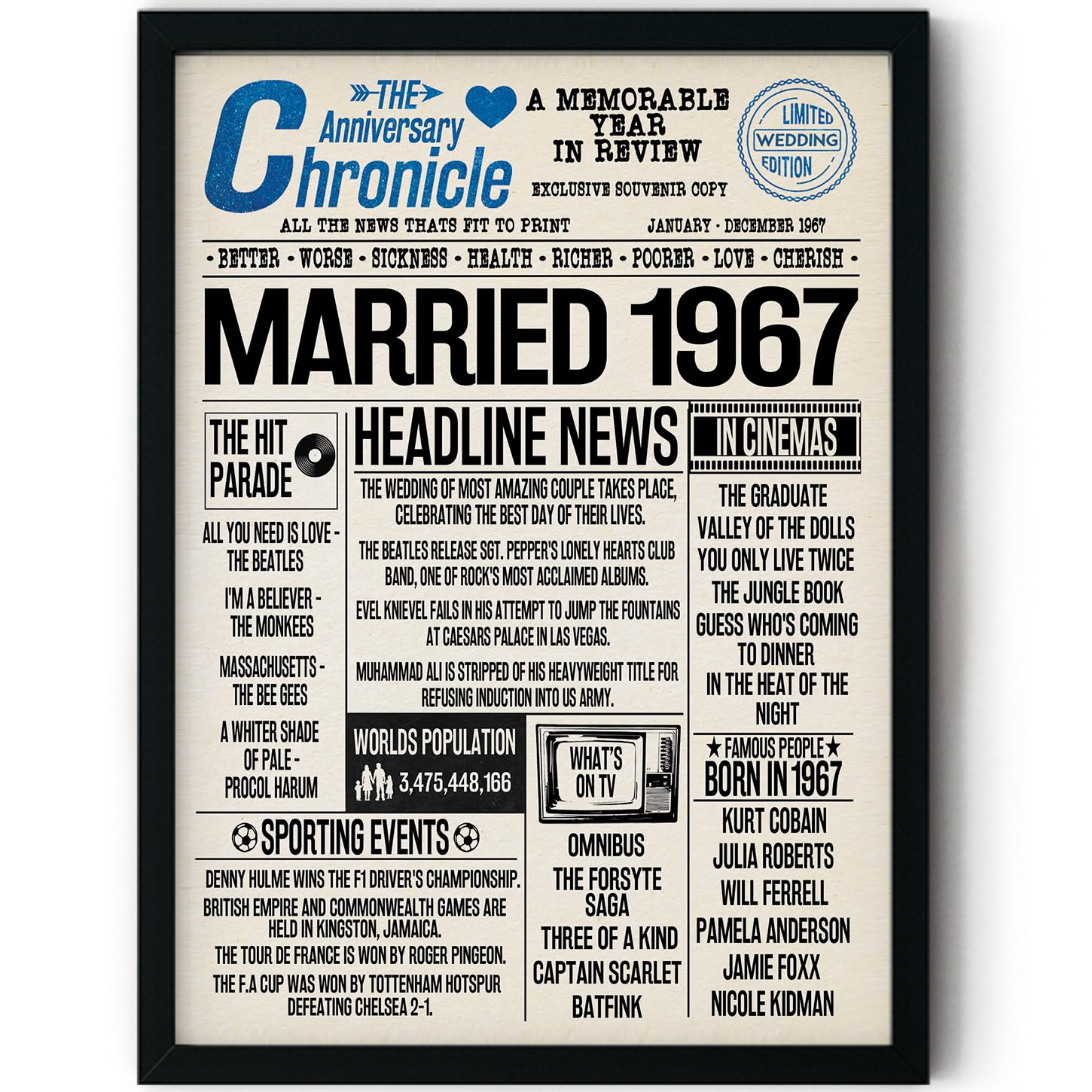 Stuff4 Men's 1967 59Th Anniversary Poster Framed - Married In Newspaper - Happy 59Th Wedding Anniversary For Wo Vintage Gifts Retro Back In 8X10 Inch Anniversaries Posters