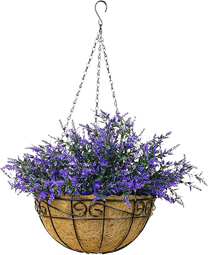 CEWOR Flores colgantes artificiales con cesta, plantas colgantes falsas para decoración de primavera al aire libre, flor de petunias sintéticas con