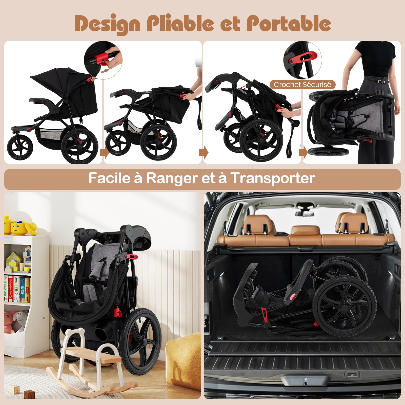 COSTWAY Poussette Canne Bébé avec Capote Réglable & Siège Inclinable, Poussette Bébé Pliable 3 Roues avec Plateau Amovible & Porte-gobelets, Sac de Rangement, Pneus en Caoutchouc, 0-4 Ans, 0-22 kg