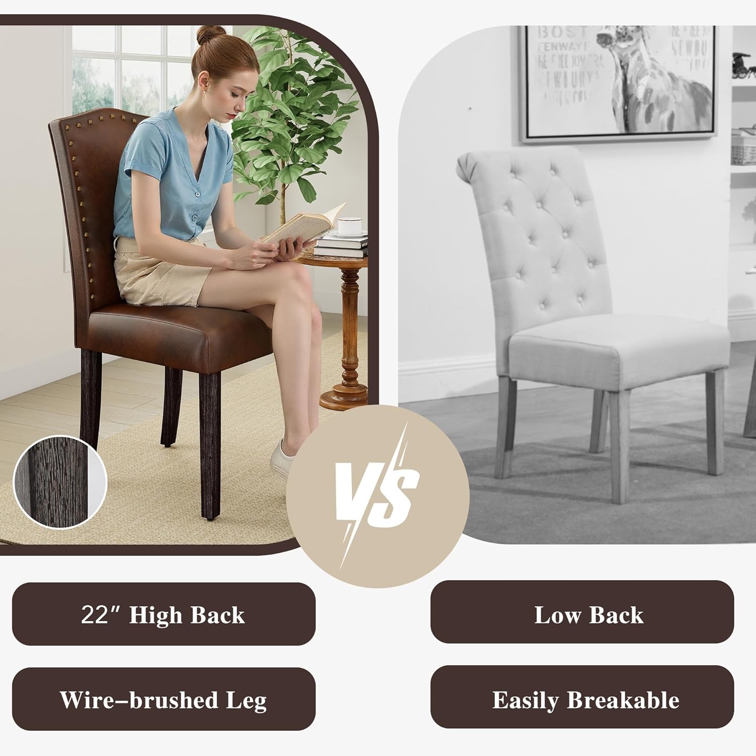LSSBOUGHT PU Dining Chair Upholstered Parsons Kitchen Chair with Copper Nails and Solid Wood Legs for Dining Room,Restaurant (Dark Brown, 4PCS)