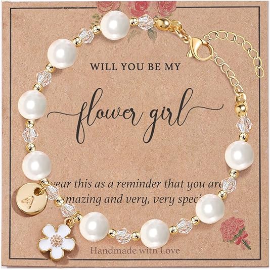 enasal Personalized Flower Girl Proposal Gifts, Will You Be My Flower Girl ? Initial A-Z Cute Shell Pearl Bracelet for Girls