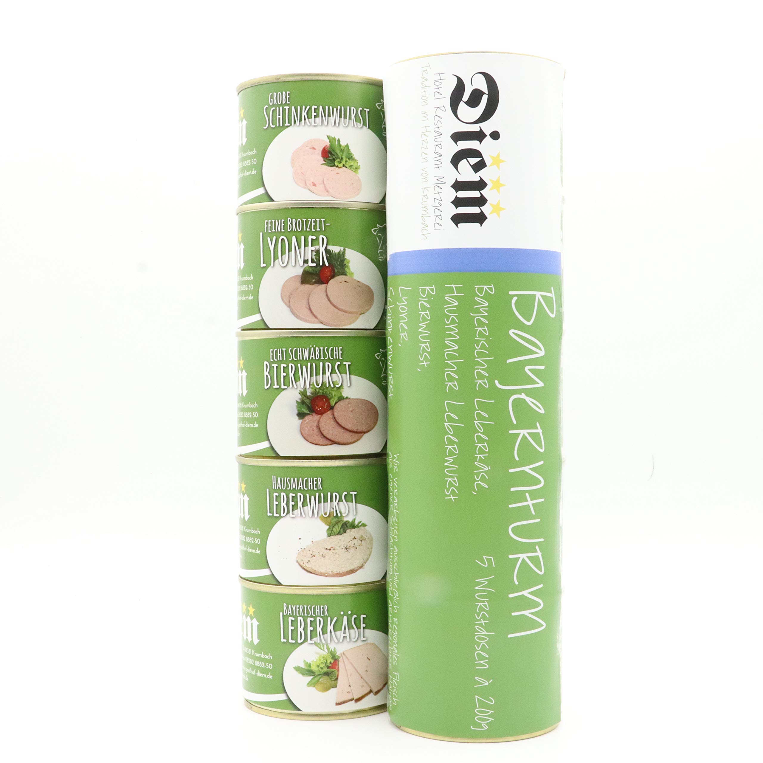 Bayernturm / 5 Dosen (Leberkäse, Bierwurst, Lyoner, Schinkenwurst, Hausmacher Leberwurst 5 x 200g