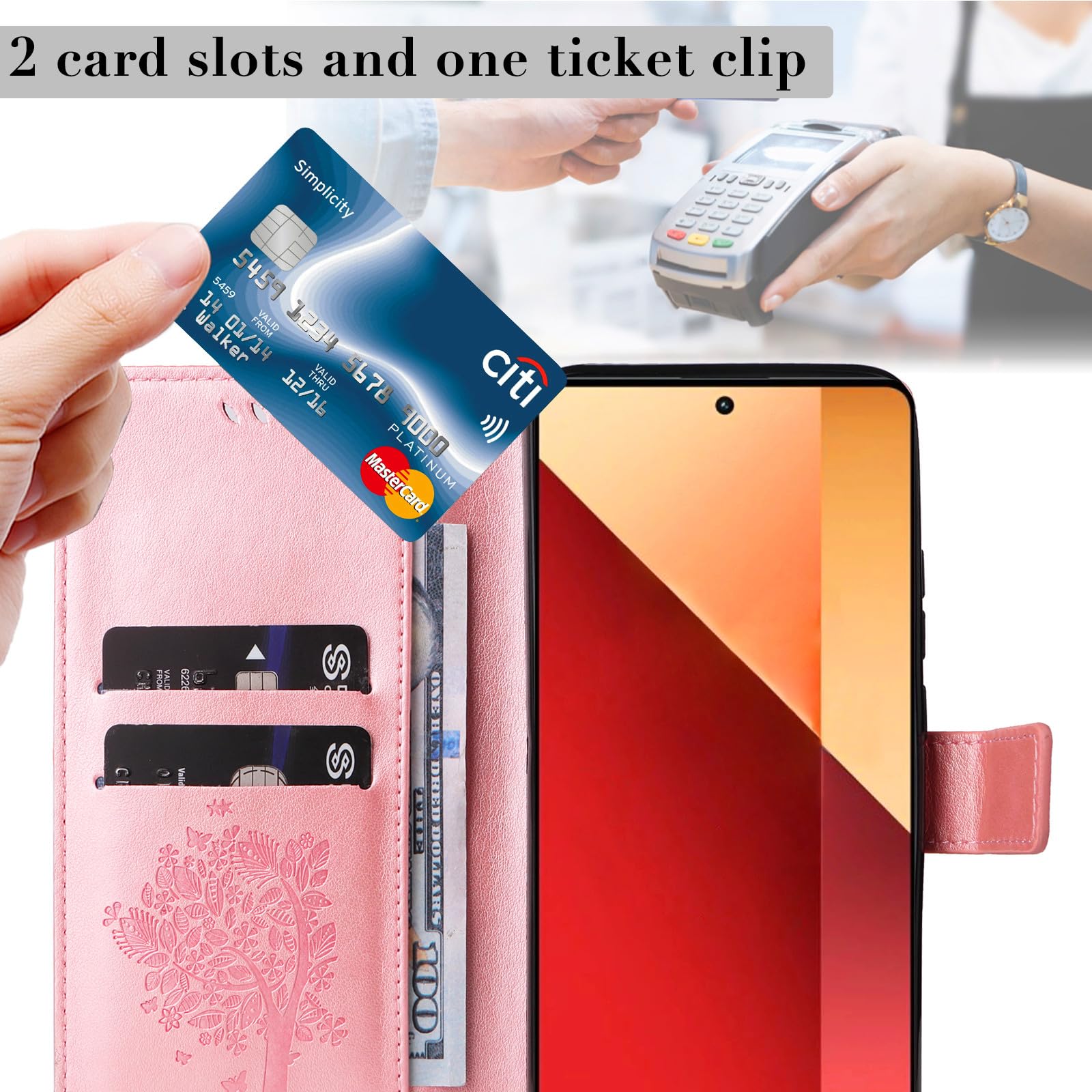 Cover Libro In PU Pelle Con Rilievo Per Xiaomi Redmi Note 13 4G, Custodia Portafoglio Con Porta Carte E Chiusura Magnetica, Funzione Stand, Antiurto, Oro Rosa (Solo 4G)
