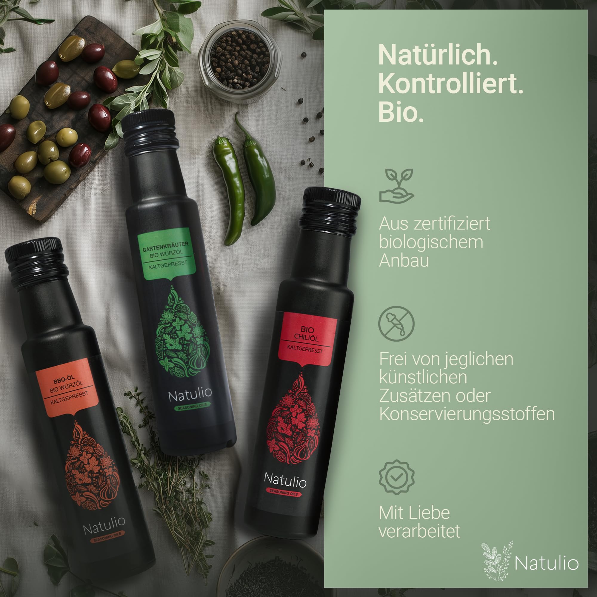 Natulio Bio Öl Geschenkset Gewürzöle kaltgepresst - Geschenkidee - das perfekte Weihnachts-Geschenk für alle Feinschmecker - Geschenkset aus Chiliöl, Gartenkräuteröl & BBQ-Öl - 3x100ml -DE-ÖKO-006