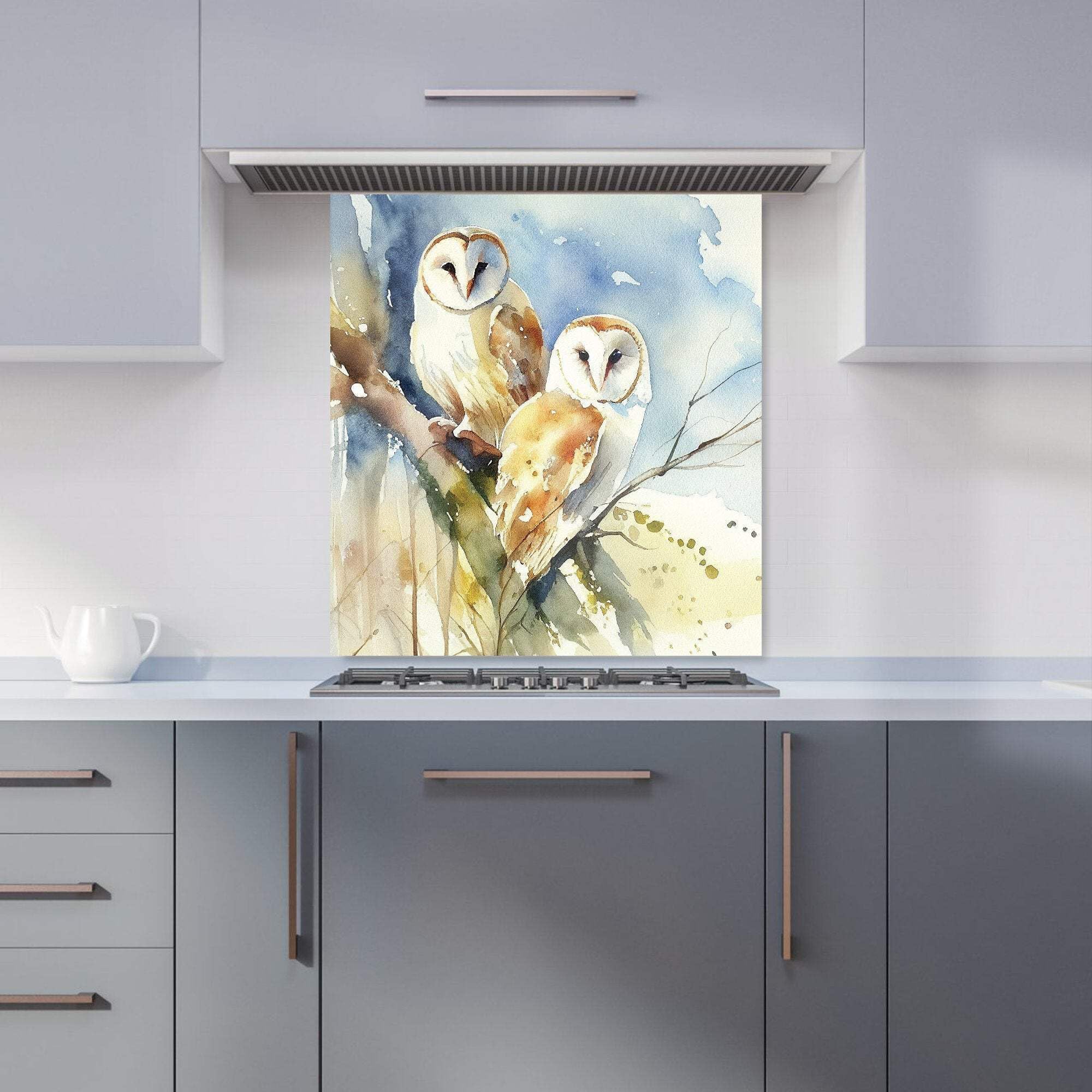 Barn Owls Watercolour Kitchen Splashback - Premium 6mm Toughened Glass - Durable & Easy Clean - W600mm x H750mm