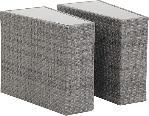 SUNSITT Mesa auxiliar de mimbre de resina de ratán PE para patio, paquete de 2 mesas auxiliares de cuña para sofá con parte superior de vidrio