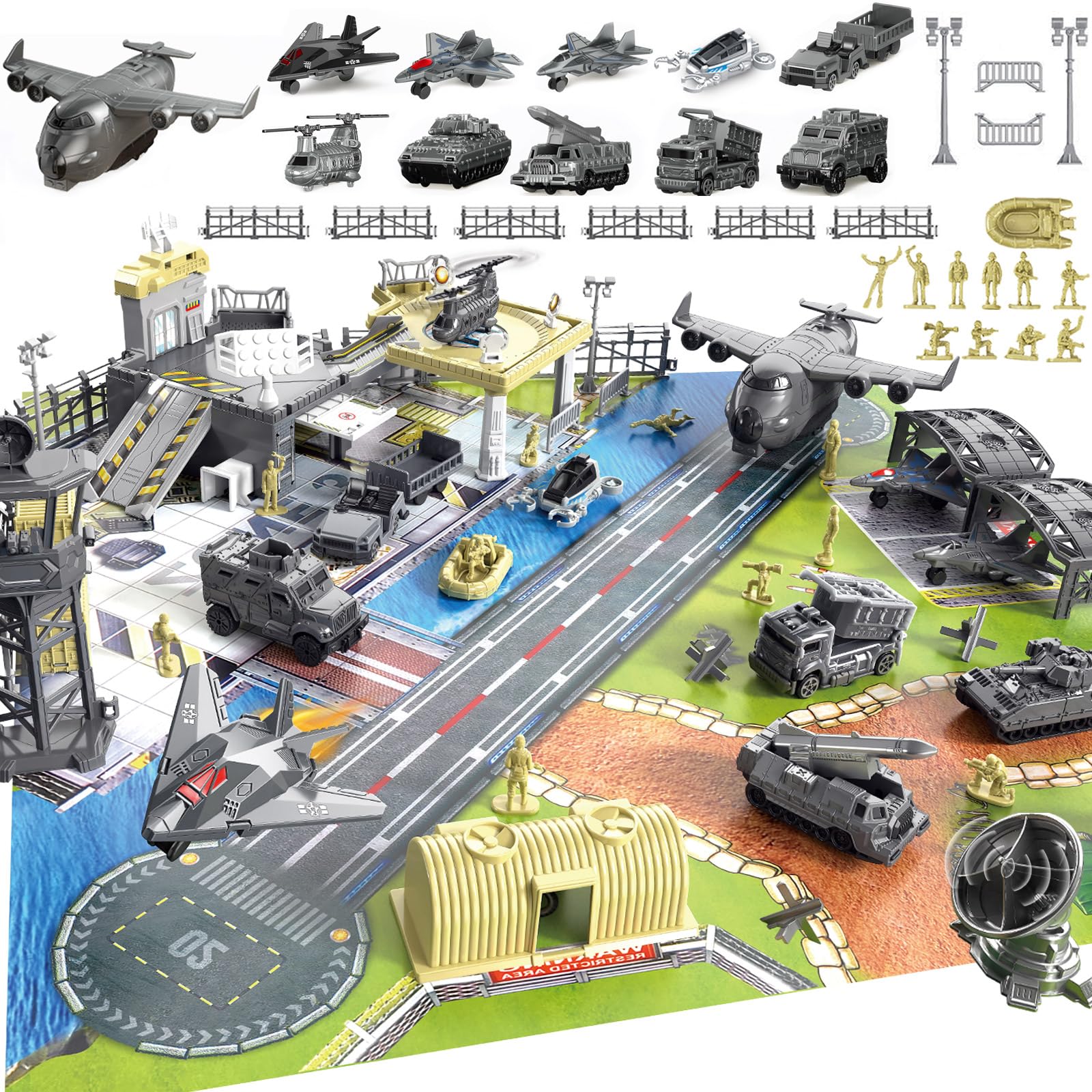 Frontoytall Military Base Toy Set for Kids, Army Playset with Transport Plane, Tanks, Helicopter, Fighter Jet, Vehicles & Soldiers, Battle Mat & Watchtower, Boys Toys Age 3+ Gift