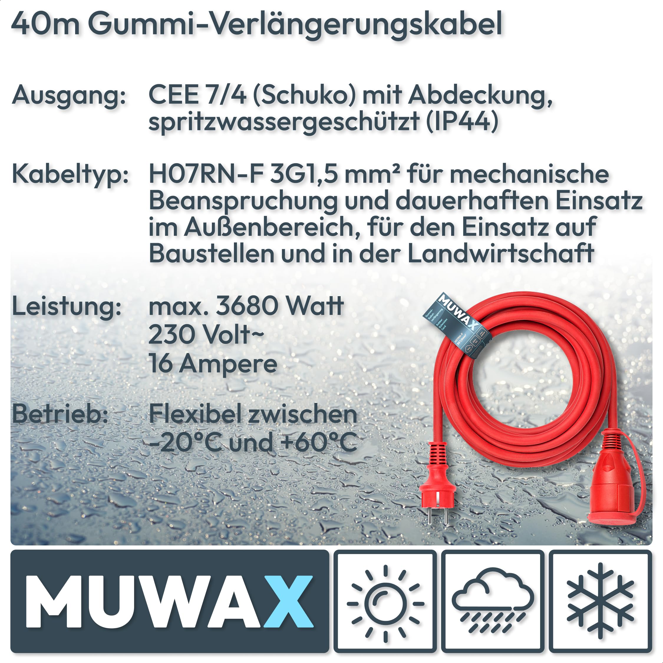 Rallonge en Caoutchouc 40 m pour Chantiers, ateliers, Industrie, pour Usage extérieur Permanent et Fortes contraintes mécaniques H07RN-F 3G1,5 mm² Rouge