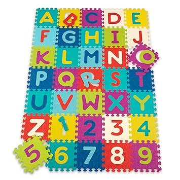 B. toys - B. Play ? Alphabet & Numbers Floor Mat ? 35 Interlocking Foam Tiles ? Thick ABC Tiles for Newborns, Toddlers, Kids ? Pop-Out Letters + Numbers & Storage Bag ? 0 Months + ? Beautifloor
