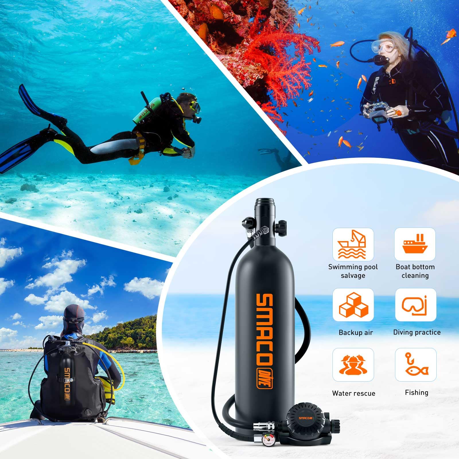 SMACO Mini Tauchflasche 2L Taucherflasche für Flachwassertauchen Unterstützung de Unterwasseratmung Tragbares Tauchflaschenset Für Tauchübungen/Unterwasserarbeiten/Unterwasserunterhaltung S700Plus