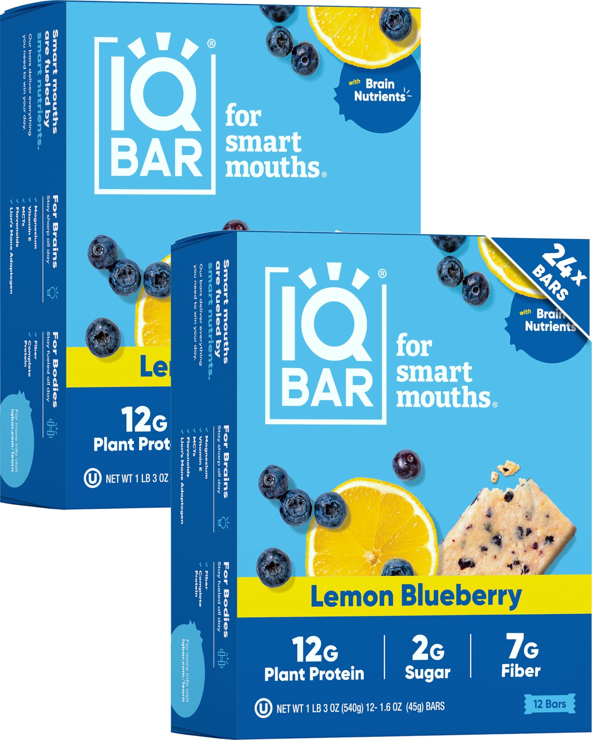 IQBAR Clean Plant Protein Bars - Lemon Blueberry - 24 Count - Keto, Vegan, High Fiber, Gluten and Dairy Free, Low Sugar Snack - Brain and Body Nutrients for Focus, Energy, Meal Replacement