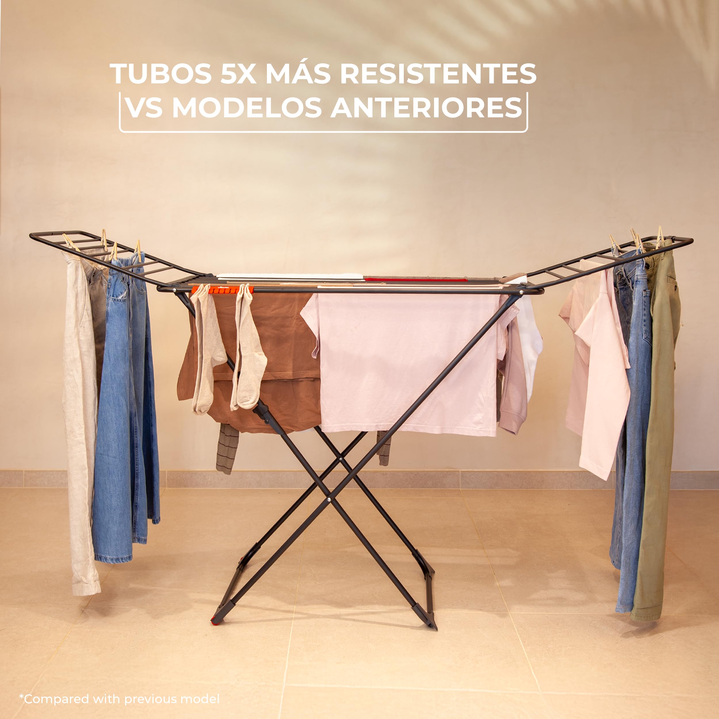 Vileda Tendedero Ultimate Extra de Aluminio con Patas en X (Black Edition) | Tubos 5 Veces más Resistentes | Tubos XL para Menos Marcas en Ropa | 20M para Secado | Soporte Calcetines