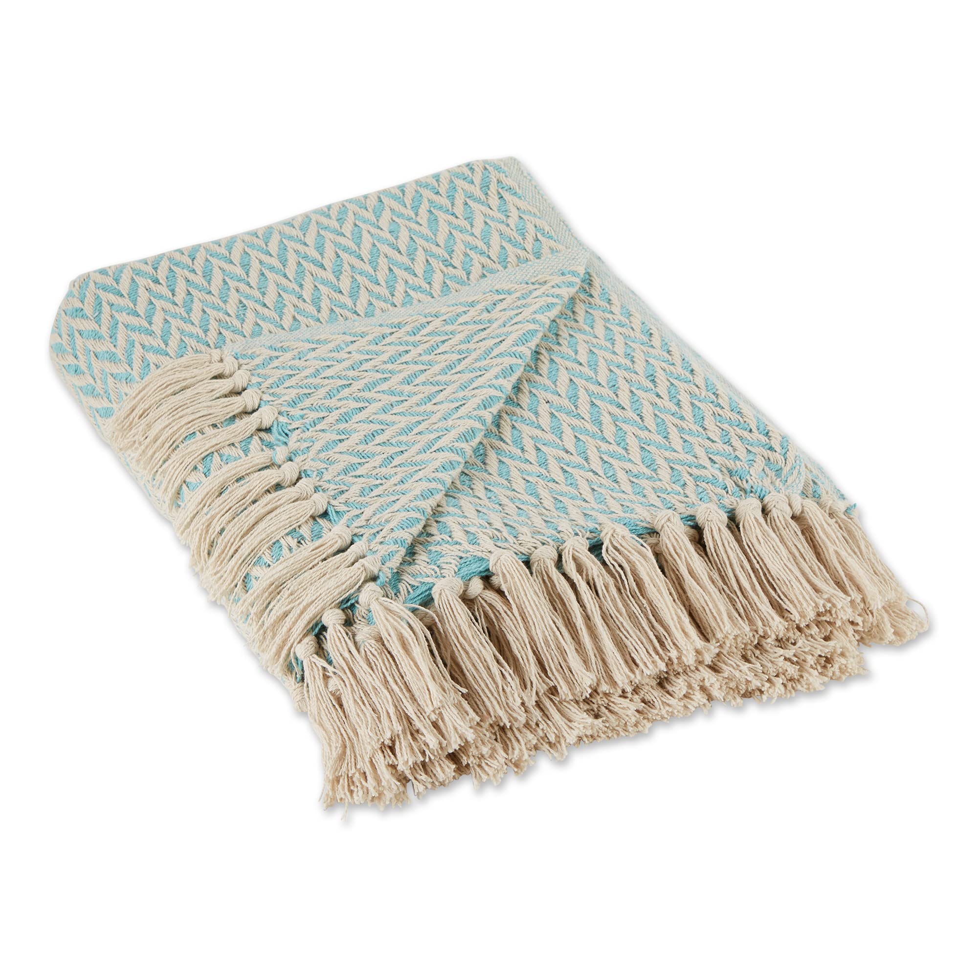 DII Modern Zig Zag Throw Blanket Woven Cotton, Hand-Knotted 2.5" Fringe, 50x60, Aqua