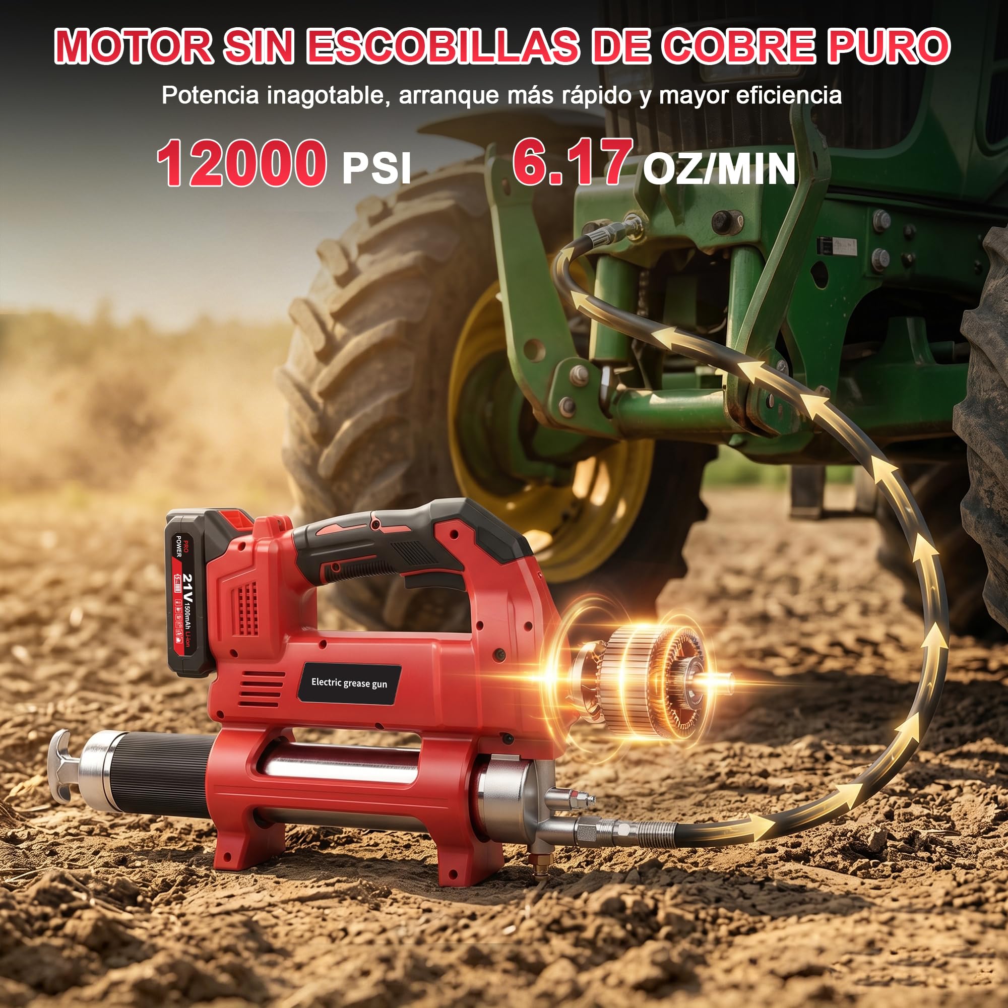 12000PSI Engrasadora Batería, con 2xBaterías 1500mAh, Motor Brushless | 3 Velocidades, Manguera de 1m y Luz LED, Kit de Pistola de Engrasar Eléctrica para Equipos Pesados