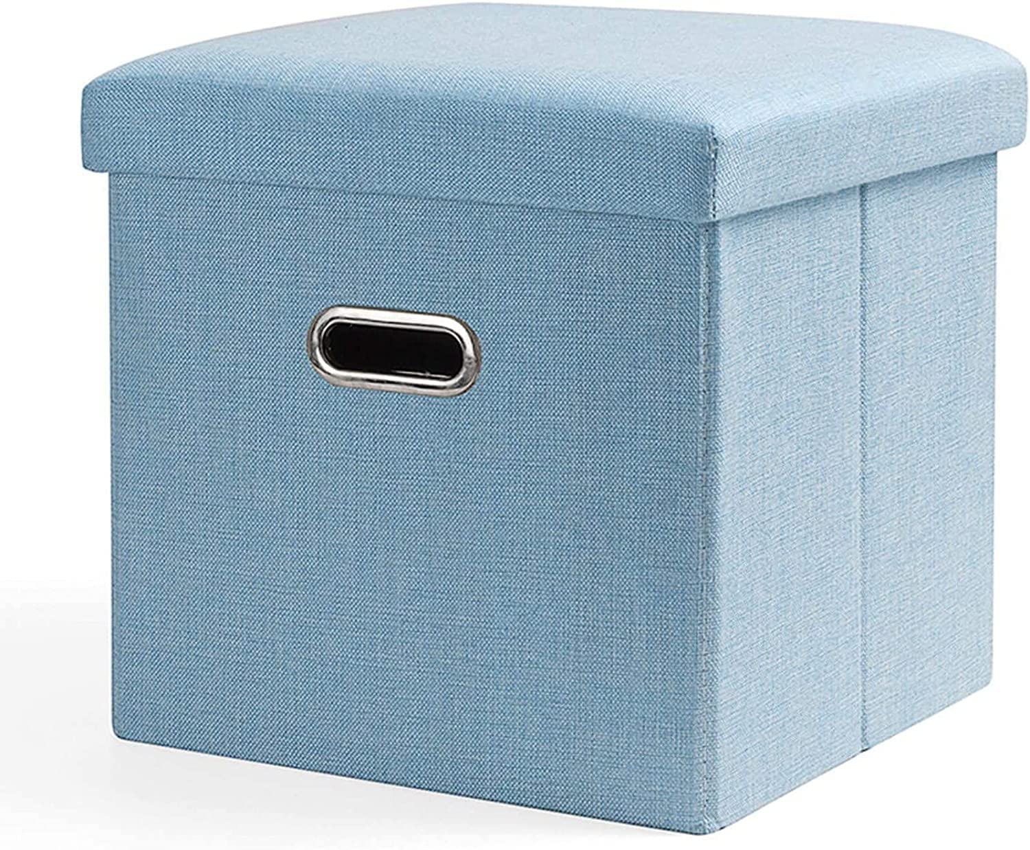 Coffre à jouets pliable en lin bleu avec assise pouf et poignée pratique