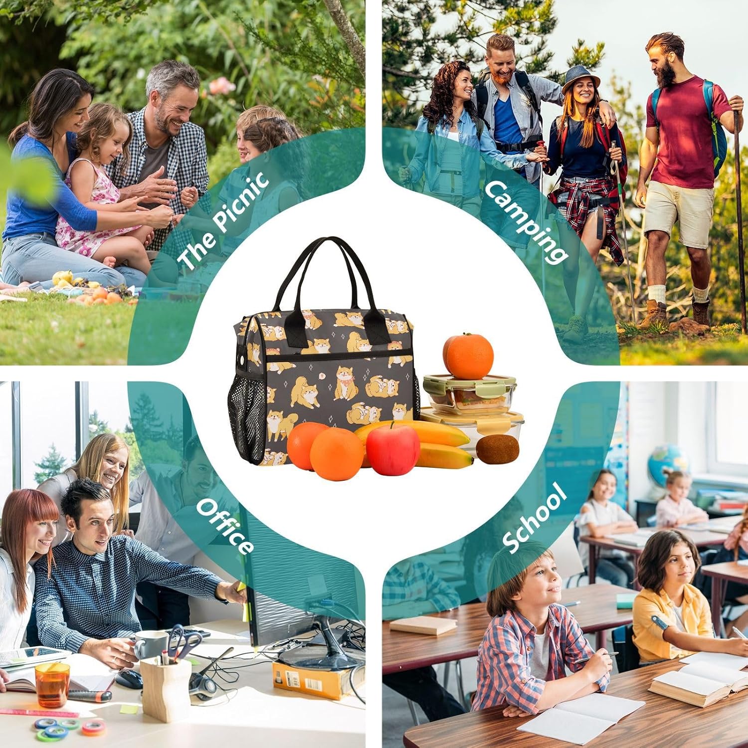 Kawaii Shiba Inu Dogs Lunch Bag Reusable Lunch Box for Office Picnic Hiking Beach, Insulated Cooler Tote Food Container with Adjustable Shoulder Strap for Men Women Adults