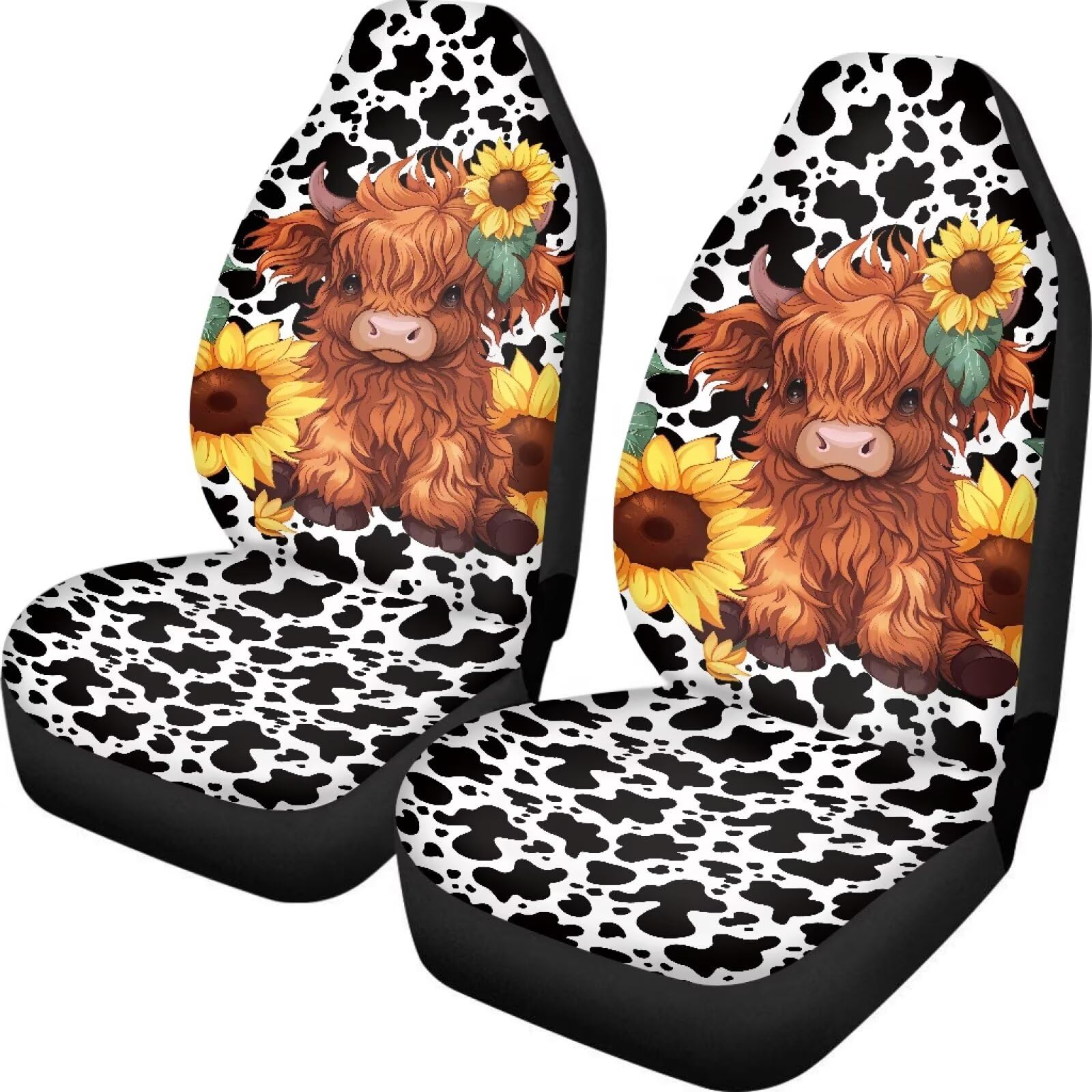 TOADDMOS Cute Sunflower Highland Cow Front Seat Covers for Cars Bucket Seat Covers Black Cow Spots Decorative Automotive Seat Cushion Protectors