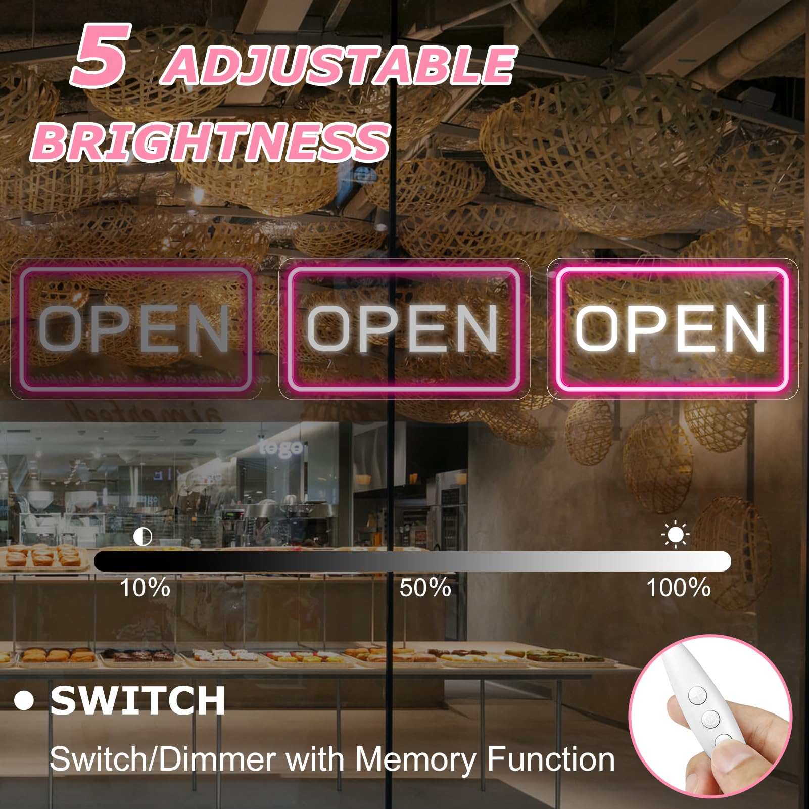 16"x 9" Adjustable Brightness Open Signs for Business Pink White Ultra Bright Lighted Sign Open Powered by USB with ON/OFF - Image 3