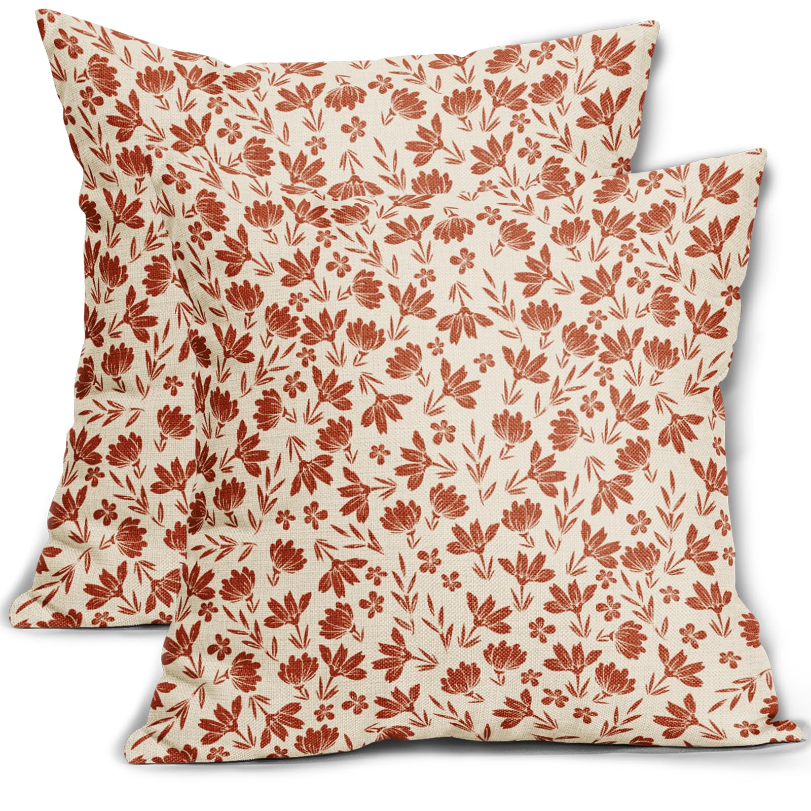 Burnt Orange Floral Pillow Covers 20x20 Set of 2 Vintage Rustic Old Style Cute Flower Orange Cream Print Decorative Outdoor Pillowcases Fall Farmhouse