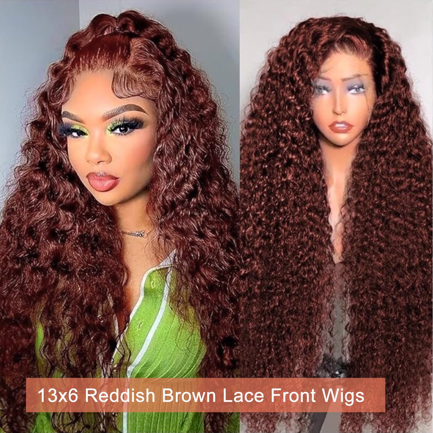 Reddish Brown Lace Front Wias Human Hair 30 Inch Reddish Brown Curly Lace Front Wig 180 Density 33# Deep Wave 13x6 HD Lace Frontal Wigs Human Hair PrePlucked for Women burgundy Colored Human Hair wig - Image 2