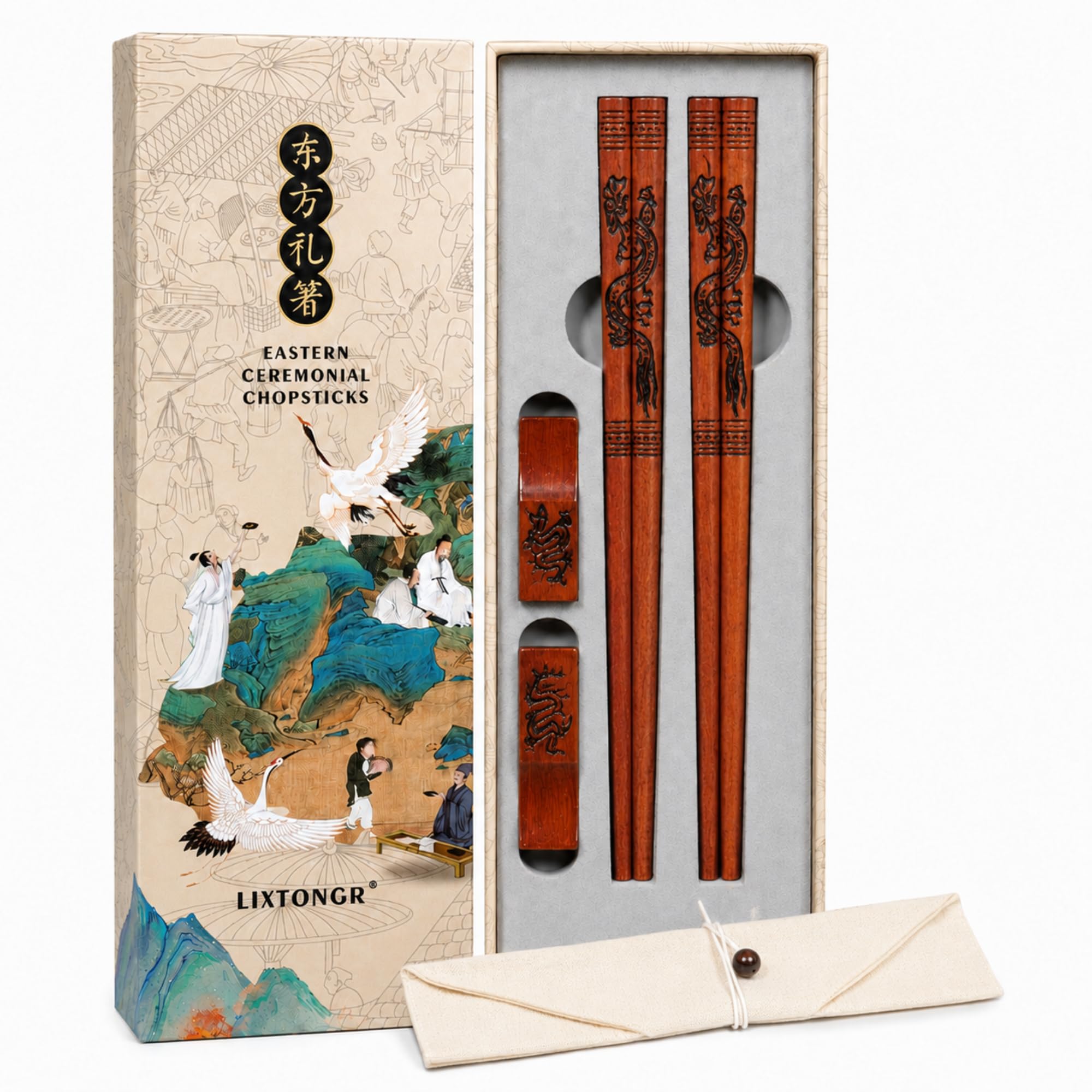 Dragon & Phoenix Wood Chopsticks Set - Gift Included -9