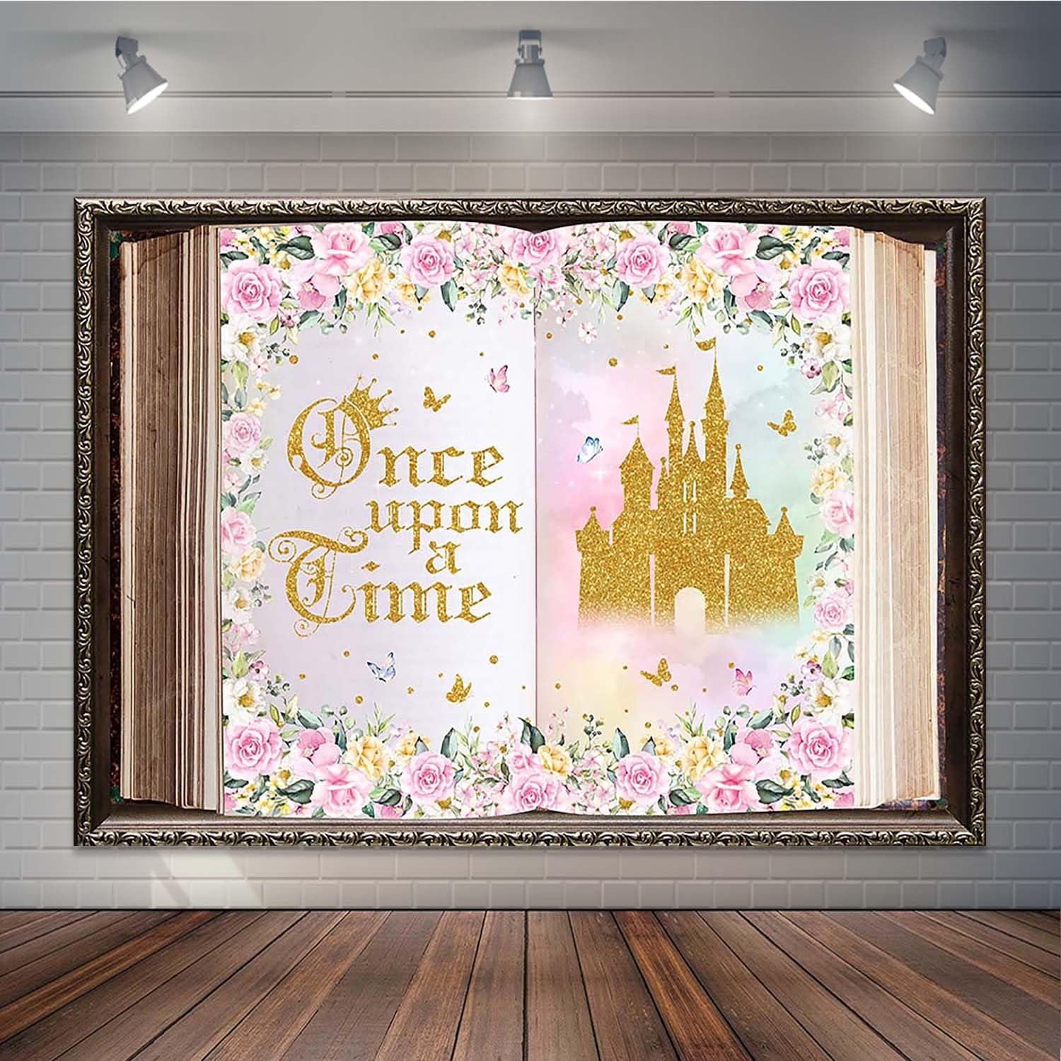 Joliaco Once Upon a Time Backdrop Open Book Princess Castle Photography Background Pink Floral Girls Fairytale Birthday Cake Table Decorations Banner