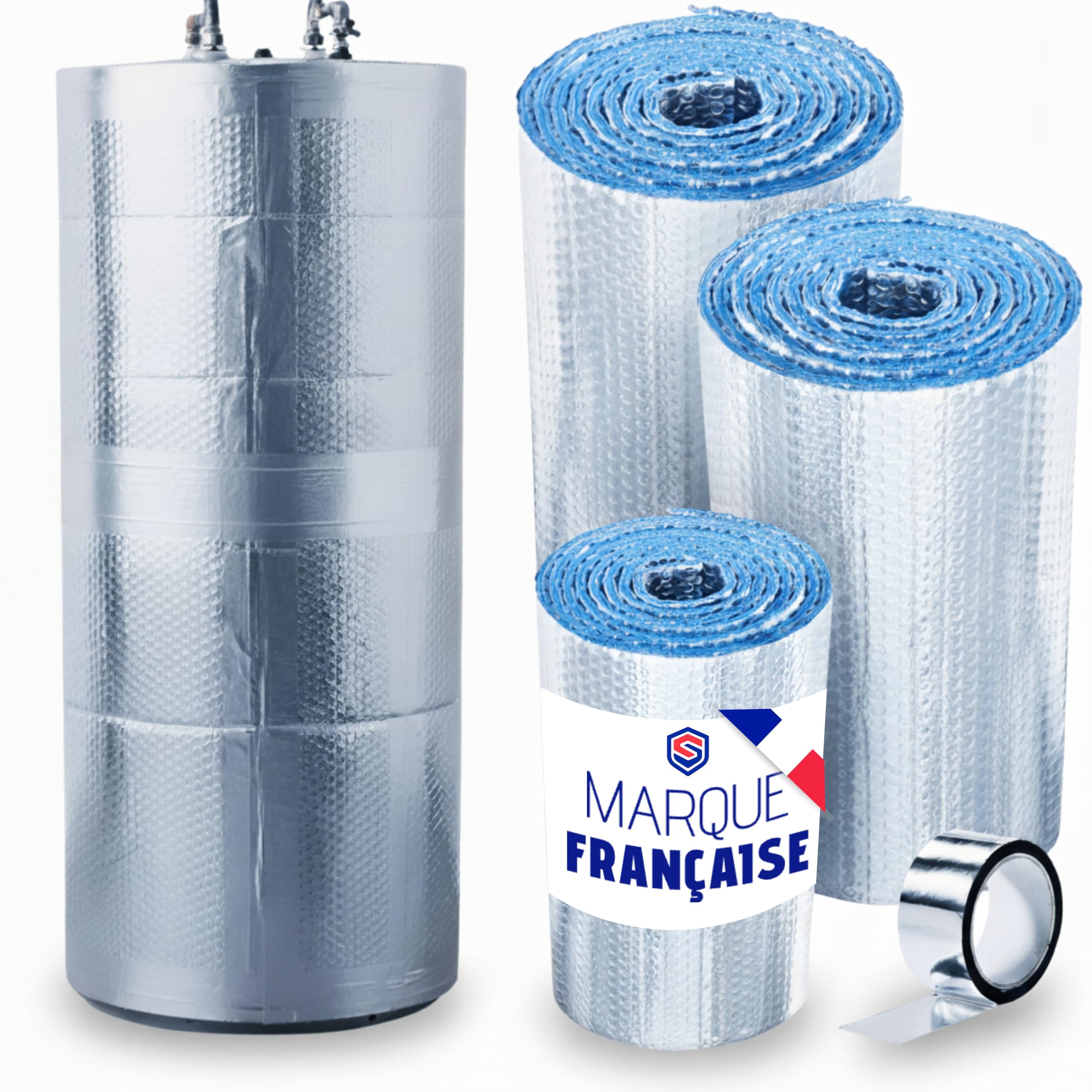 ISOLANT BALLON EAU CHAUDE | Housse pour ballon d’eau chaude jusqu’à 300L | Isolation thermique 4 couches premium | Auto-Adhésive Installation rapide | Avec Ruban isolant