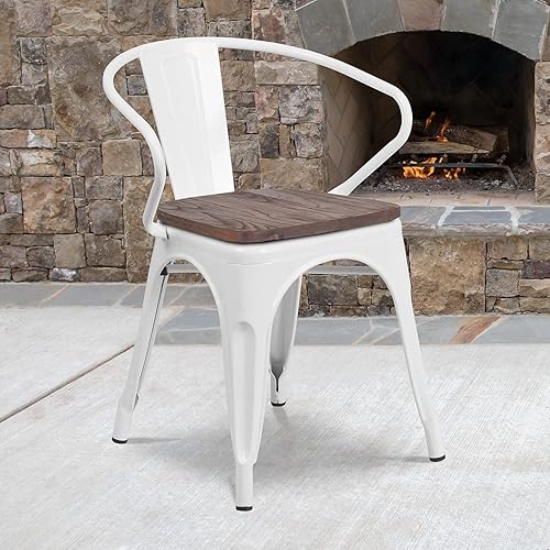 Miniatura 2 de Flash Furniture Silla de metal blanco con asiento y brazos de madera