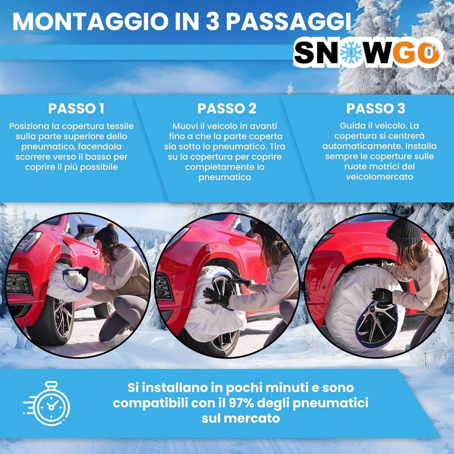 SNOWGO - Set di 2 calze da neve in tessuto - Taglie da M a XL - Omologate 16662-1 Europa - Compatibili con veicoli 4x4, veicoli elettrici, furgoni e veicoli commerciali <3,5T. (XL)