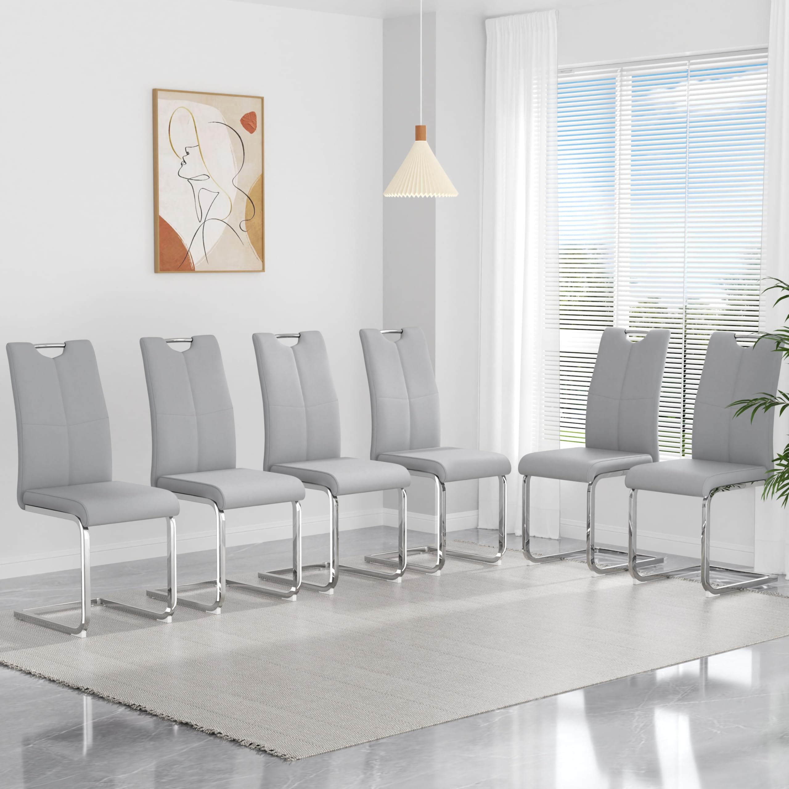 yeag Modern Dining Chairs Set of 6, Upholstered Kitchen Room Chairs High Back, Faux Leather Dining Chairs with Silver Metal Legs, Armless Side Chair