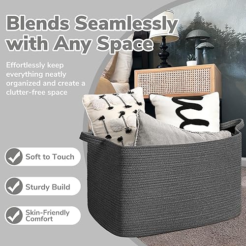 Vista 42 de Goodpick Cesta grande de almacenamiento de juguetes, cestas de cuerda de algodón gris para bebés, niños, cesta de almacenamiento tejida con asa