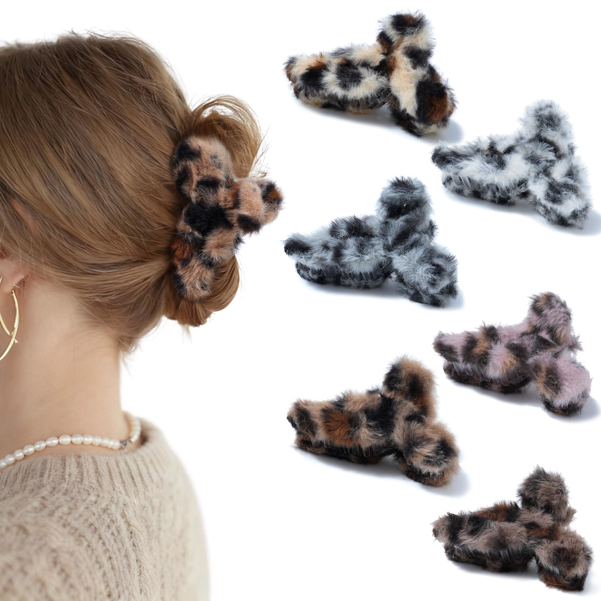 Mesovor 6 Pack Fluffy Plush Bow Hair Clips, Non-slip 4.33" Fuzzy Plush Cozy Claw Clips for Thick and Thin | Soft Strong Hold Jaw Bow Clawclips (Leopard)