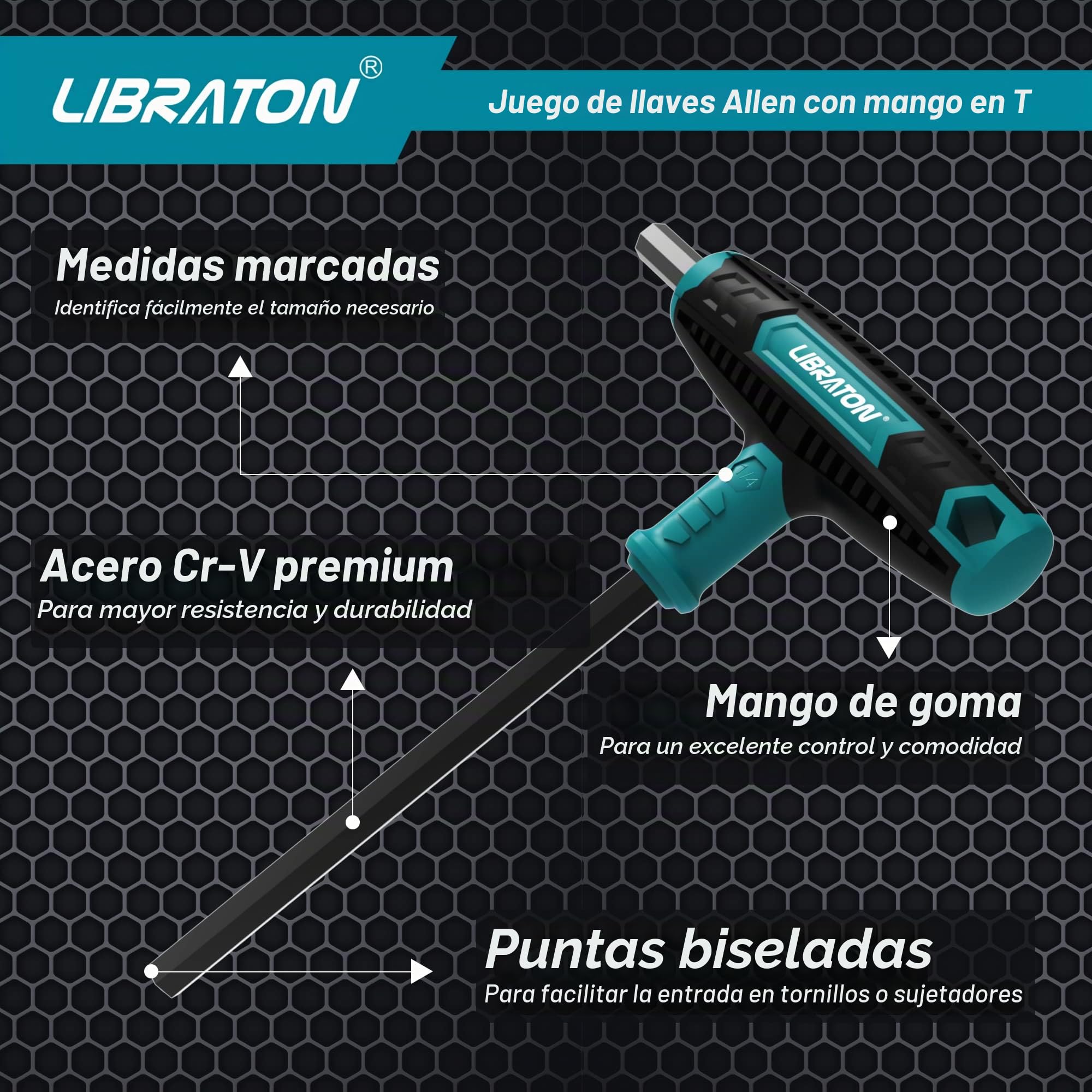LIBRATON Llave con mango en T, Juego de Llave hexagonal en T 7pz | Llave Allen SAE con empuñadura en T, Destornilladores para reparación de automóviles y bicicletas, 1/8"-3/8"